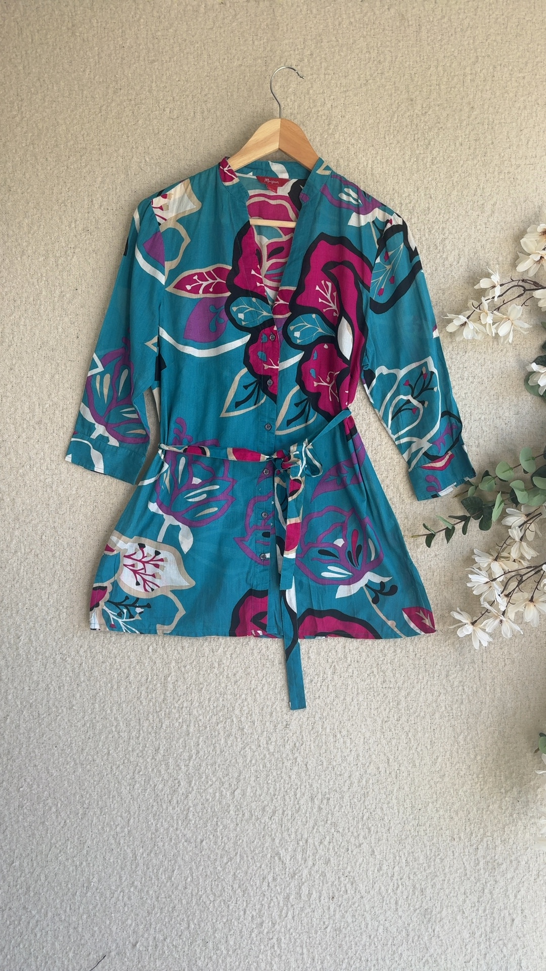 Monsoon Teal Pink Floral Cotton Shirt Dress UK 12 Casual Stylish Summer Wear