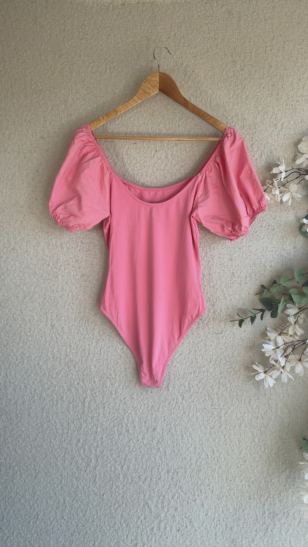 Primark Pink Puff Sleeve Cotton Blend Bodysuit Medium UK 12/14 Stylish Fit image 4