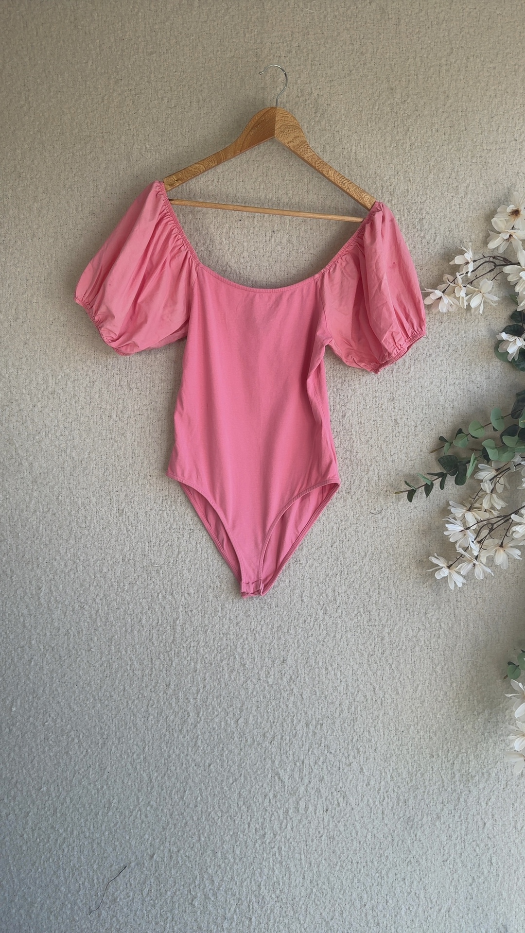 Primark Pink Puff Sleeve Cotton Blend Bodysuit Medium UK 12/14 Stylish Fit