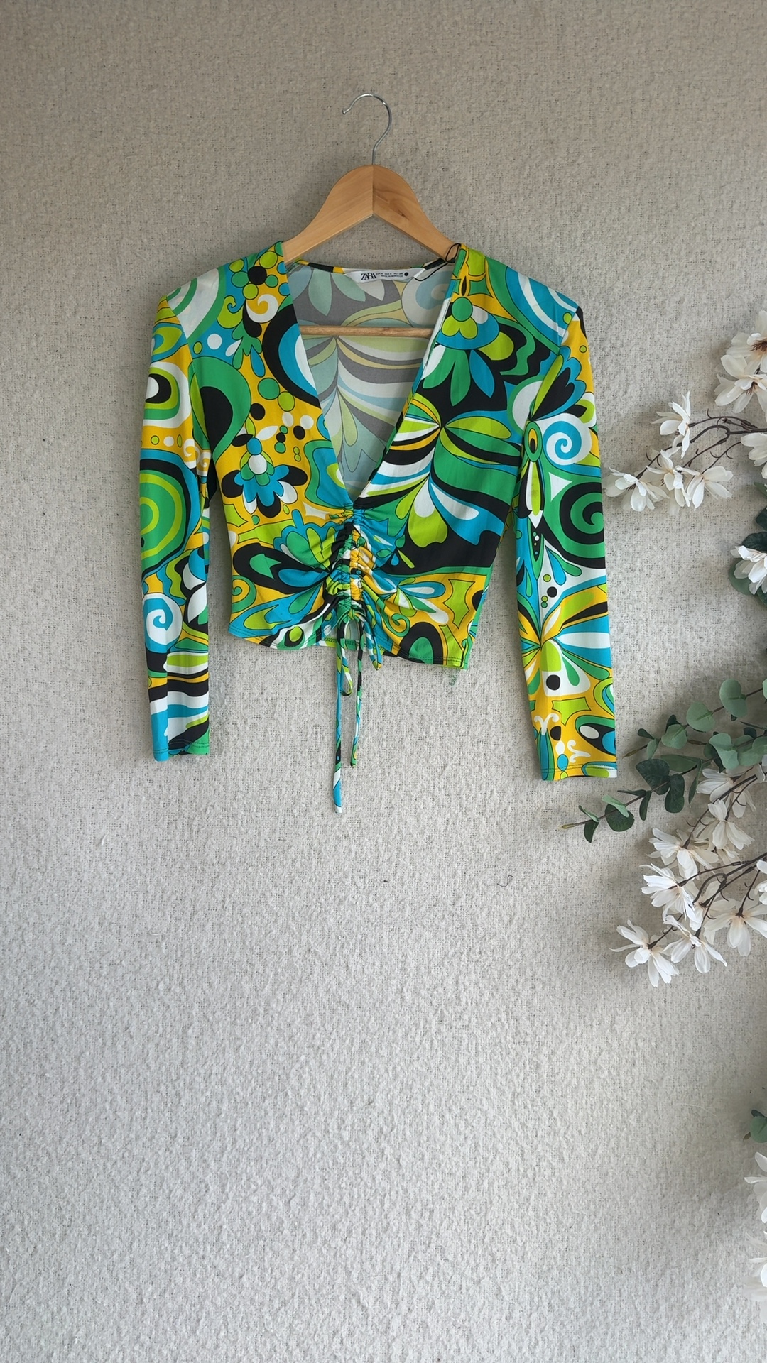 Zara Multi Colour Abstract Print Long Sleeve Crop Top UK Small V Neck