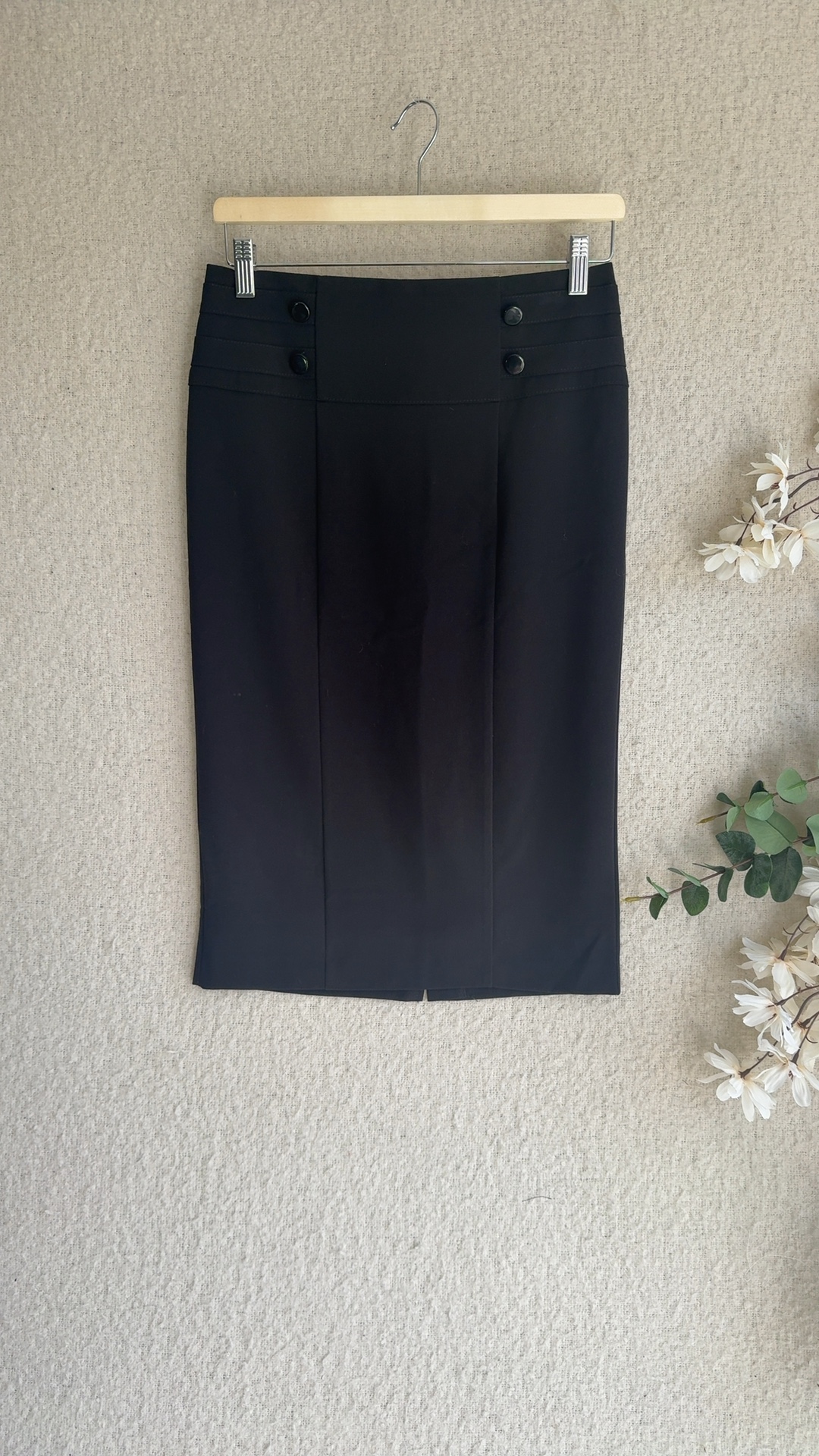 Papaya Black Pencil Skirt UK 8 High Waist Buttons Zip Formal Workwear