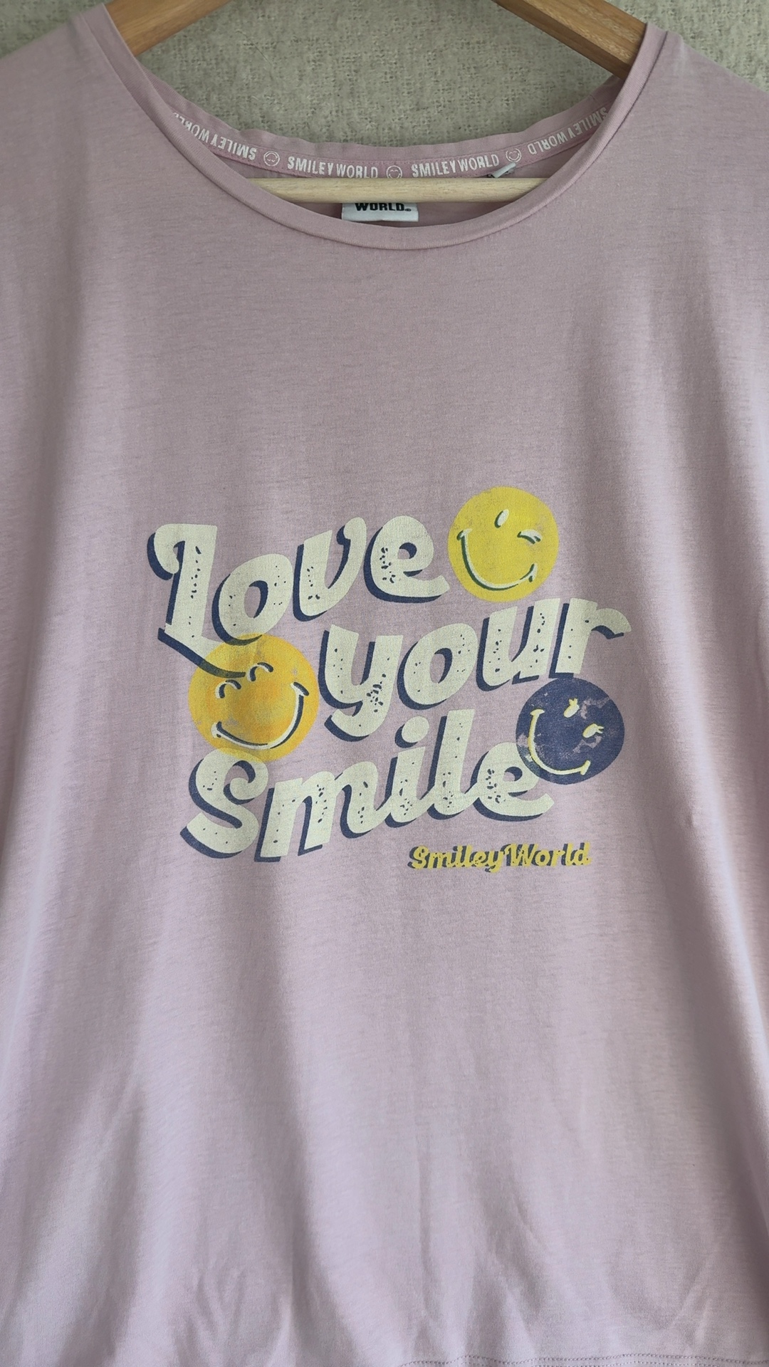 Next Pink Smiley World Slogan T-Shirt Women Medium Tall 100% Cotton Casual image 3