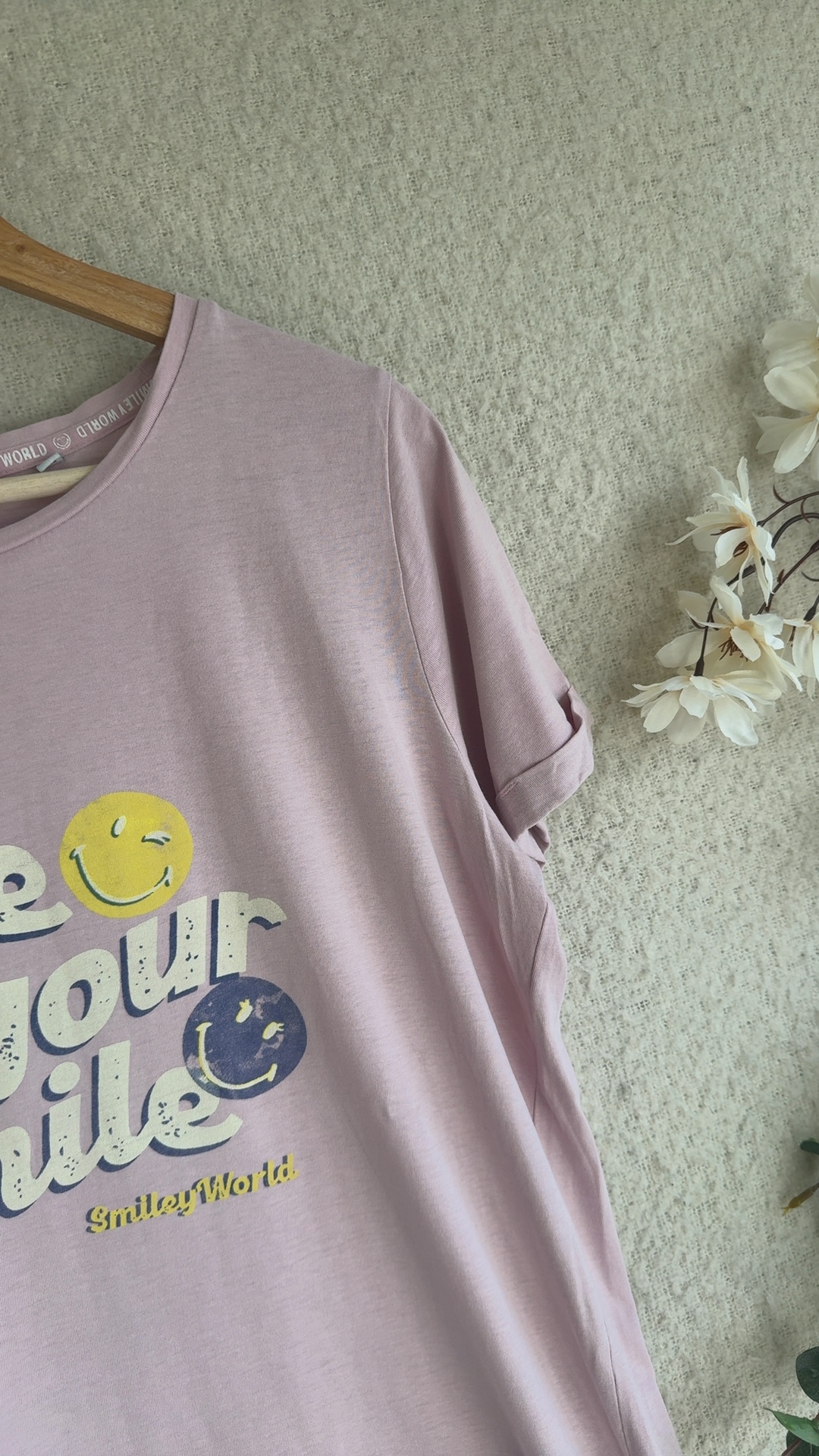 Next Pink Smiley World Slogan T-Shirt Women Medium Tall 100% Cotton Casual image 4