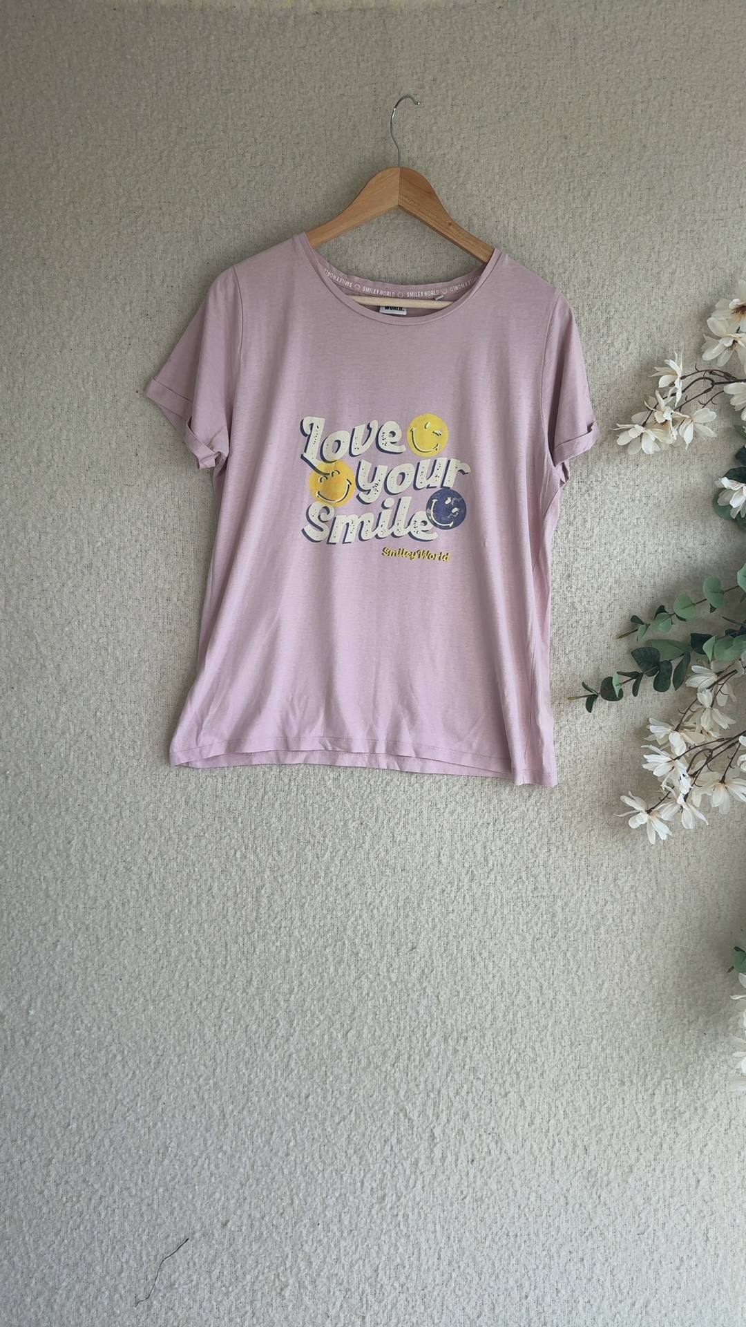 Next Pink Smiley World Slogan T-Shirt Women Medium Tall 100% Cotton Casual