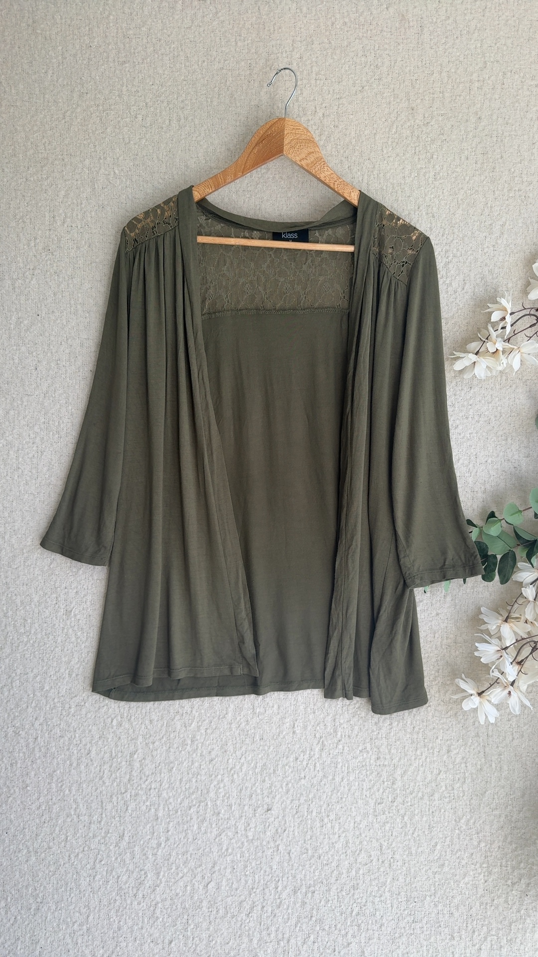 Klass Khaki Lace Back Top Medium Soft Viscose Knit Stylish Layered Look