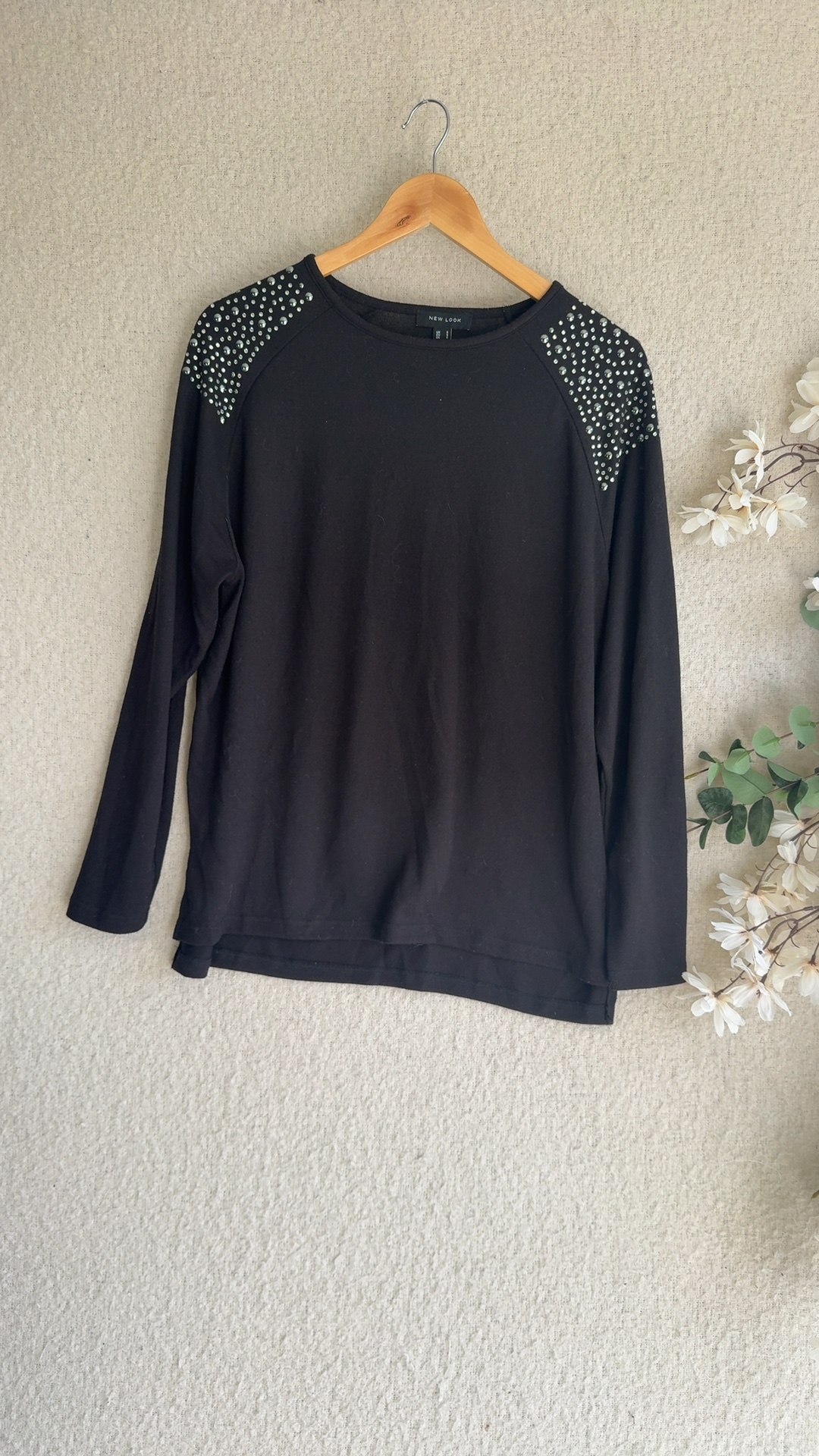 New Look Black Studded Shoulder Long Sleeve Top UK Small Stylish Classic