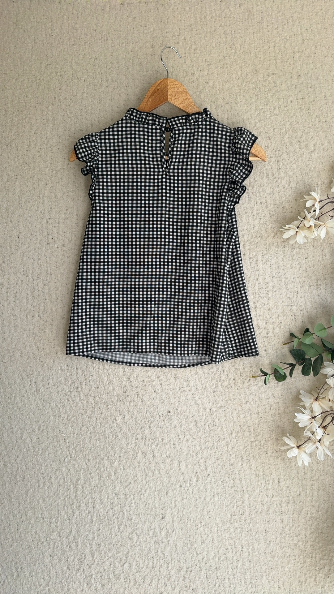 Shein Black & White Check Ruffle Sleeve Blouse UK 10 Stylish Summer Top image 4