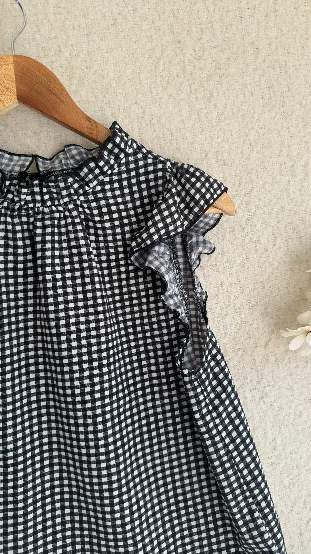 Shein Black & White Check Ruffle Sleeve Blouse UK 10 Stylish Summer Top image 2