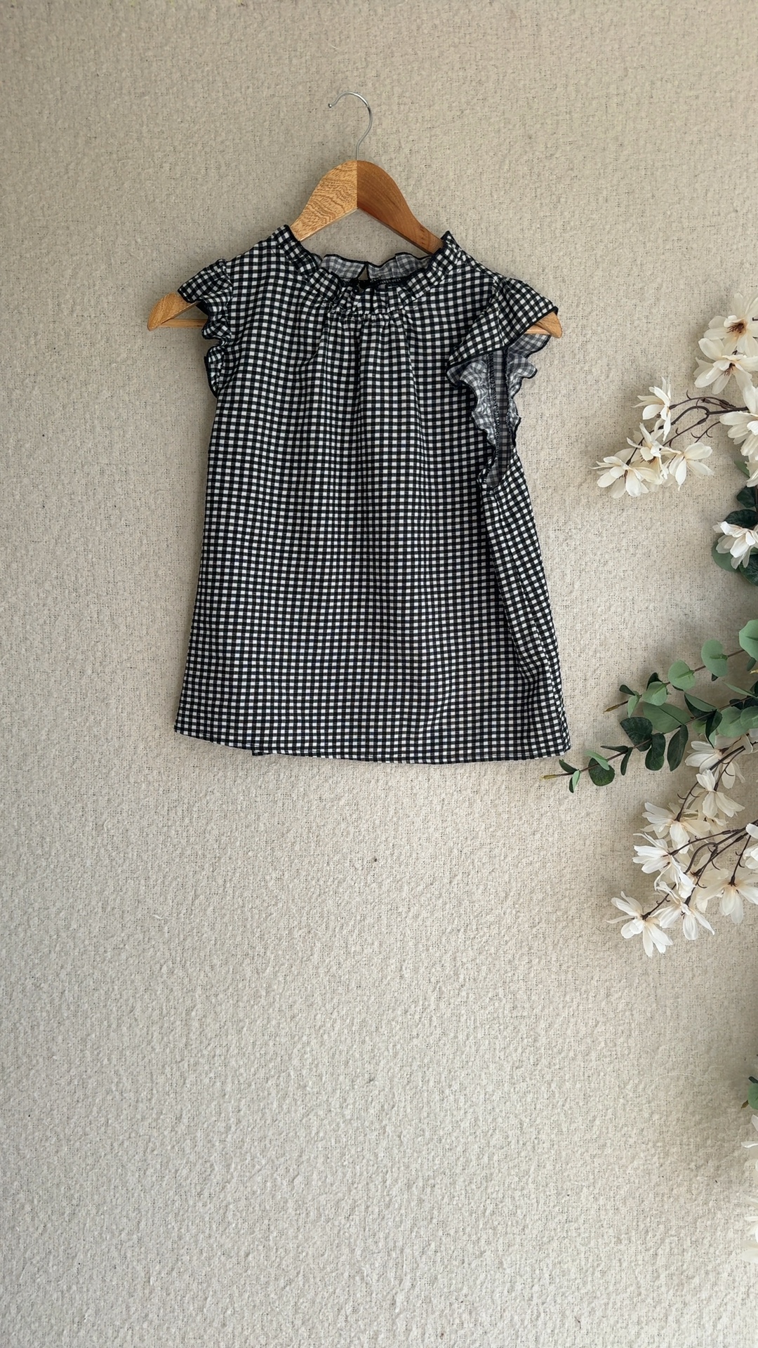 Shein Black & White Check Ruffle Sleeve Blouse UK 10 Stylish Summer Top