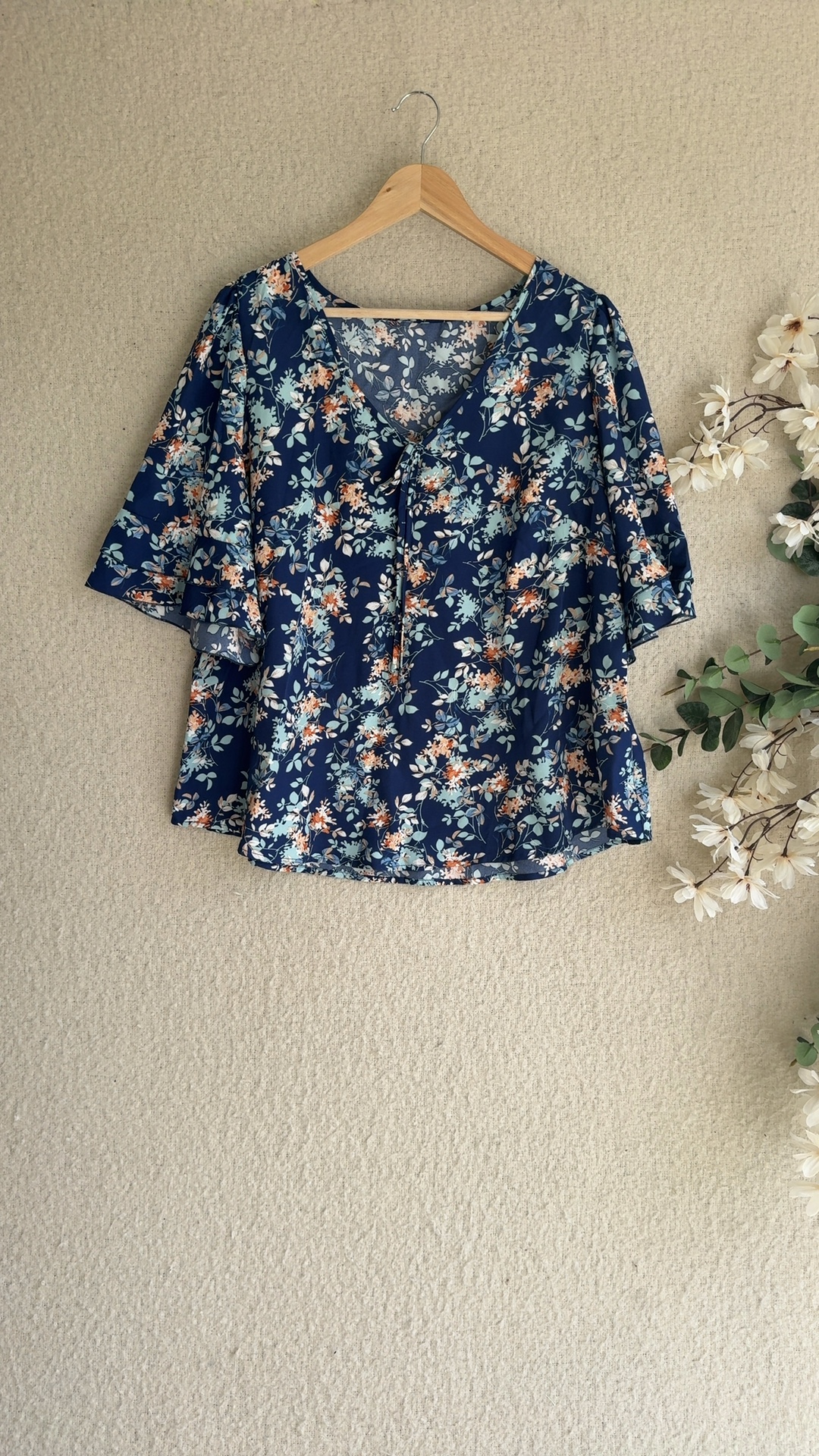 Shein Navy Floral Curve Blouse Top UK 18 3XL Lightweight Summer Shirt