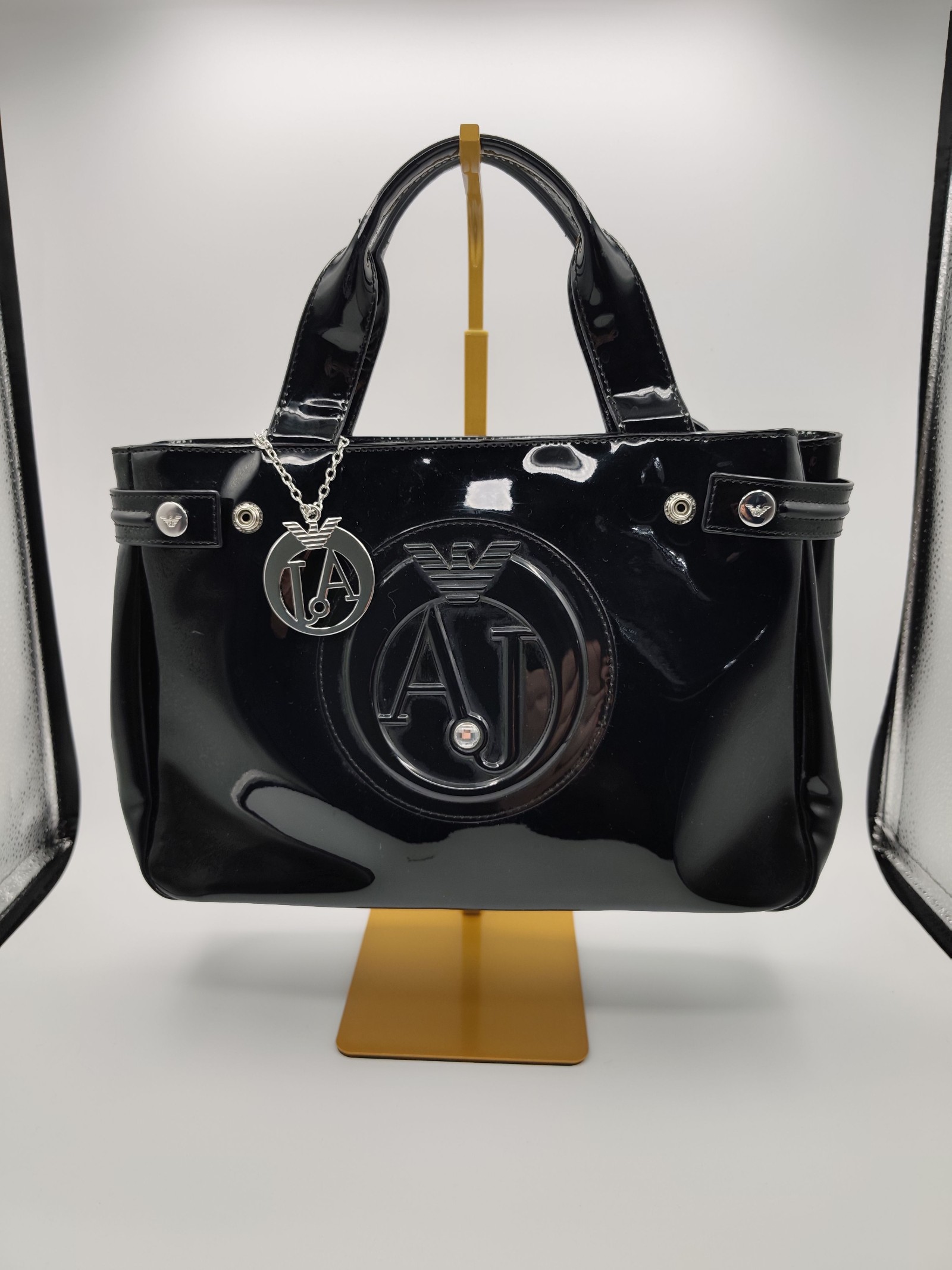 Armani Black Patent Leather Tote Bag Women