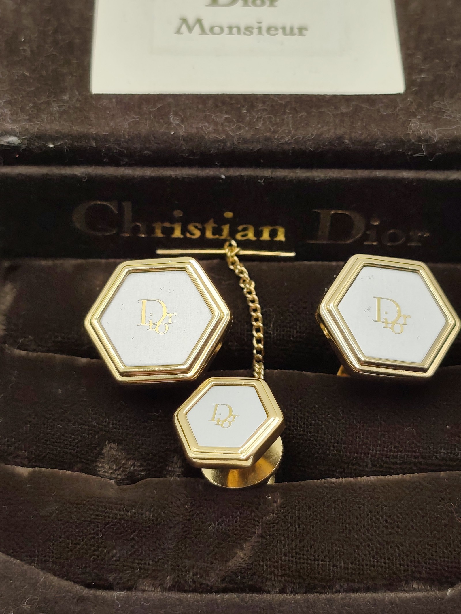 Christian Dior Gold & White Hexagon Cufflinks & Tie Clip Set Other image 2
