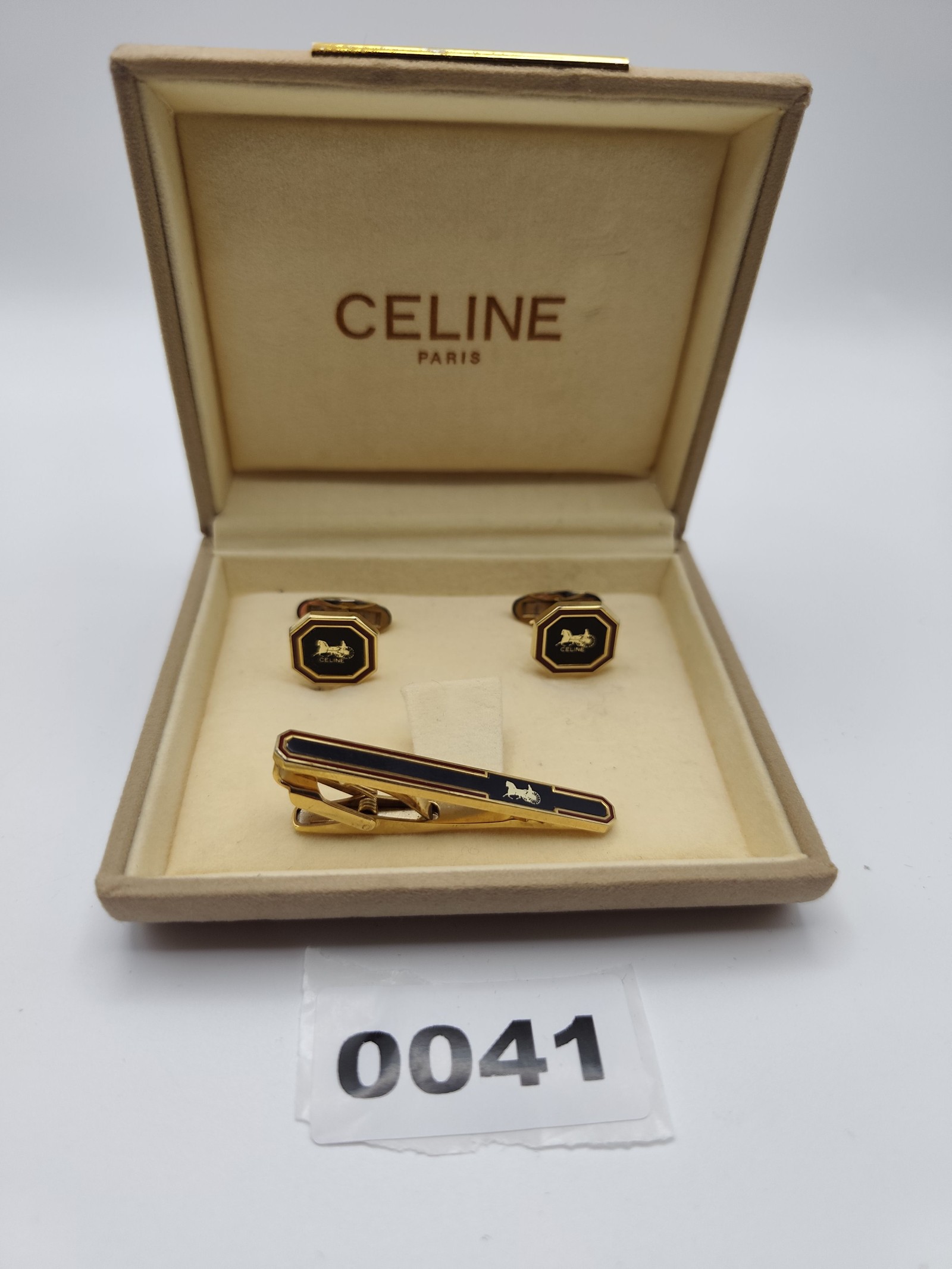 Celine Black & Red Octagonal Cufflinks & Tie Clip Set Other