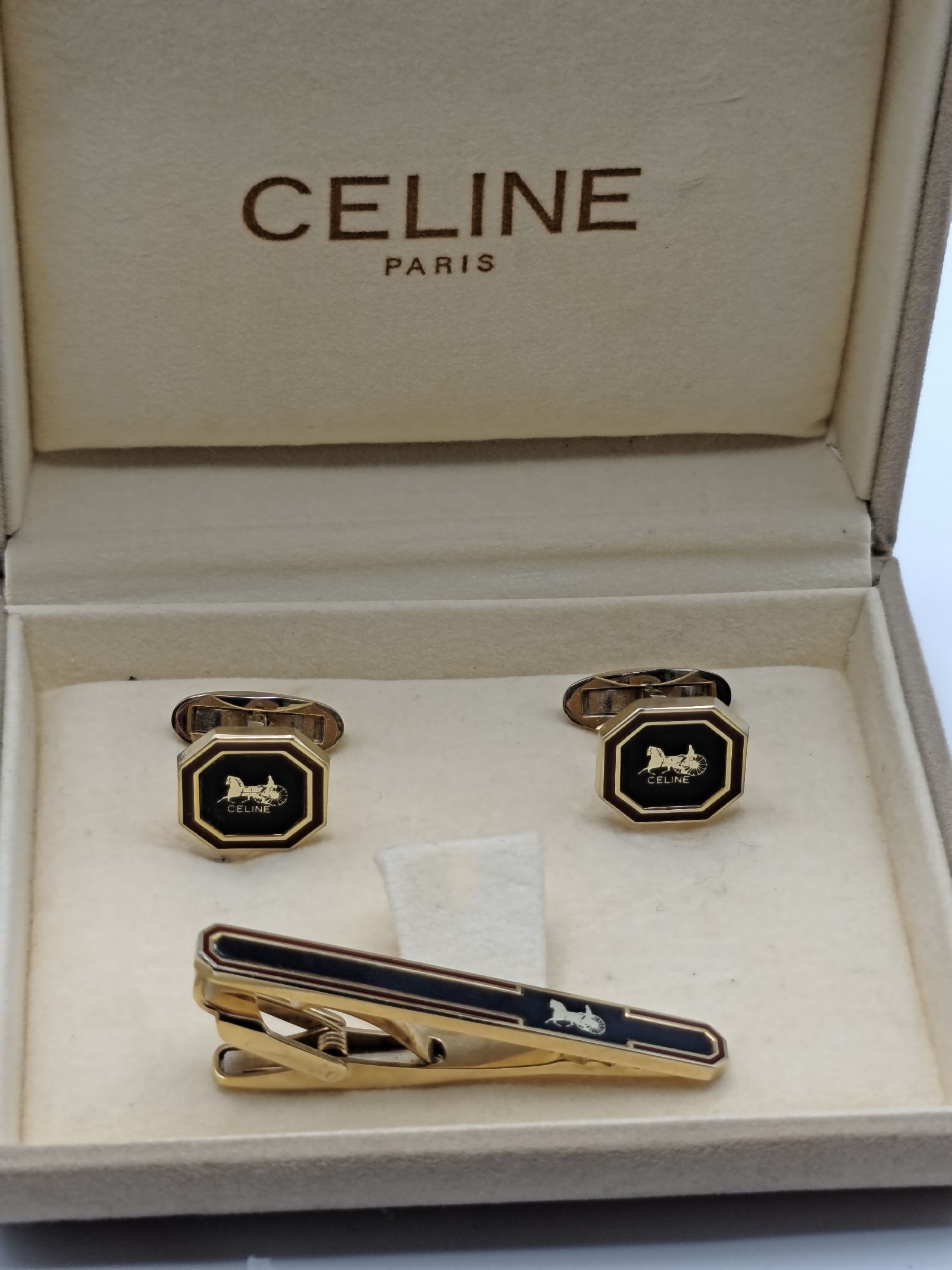 Celine Black & Red Octagonal Cufflinks & Tie Clip Set Other image 2