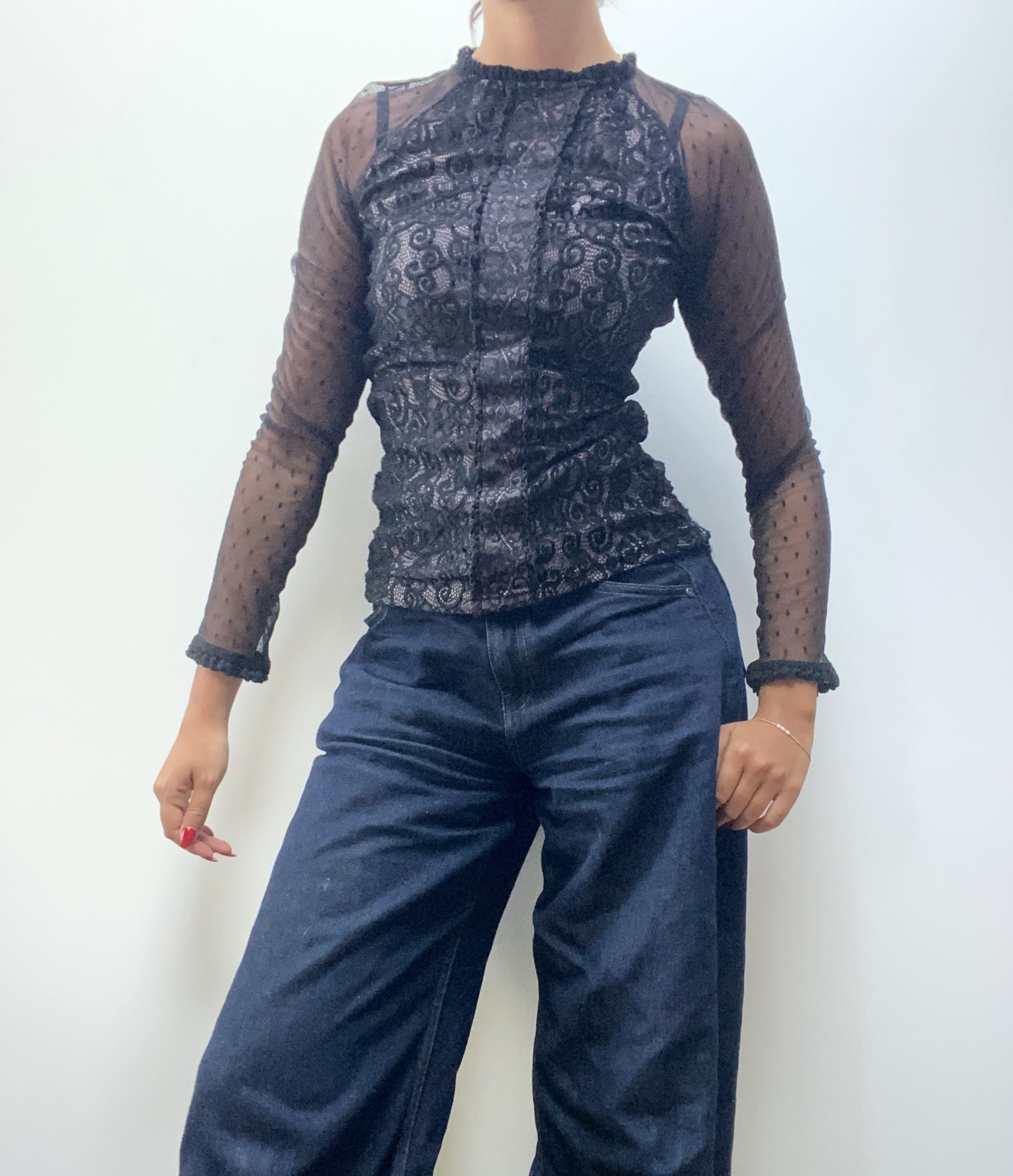 Femi9 Black Lace Top Small Sheer Polka Dot Sleeve