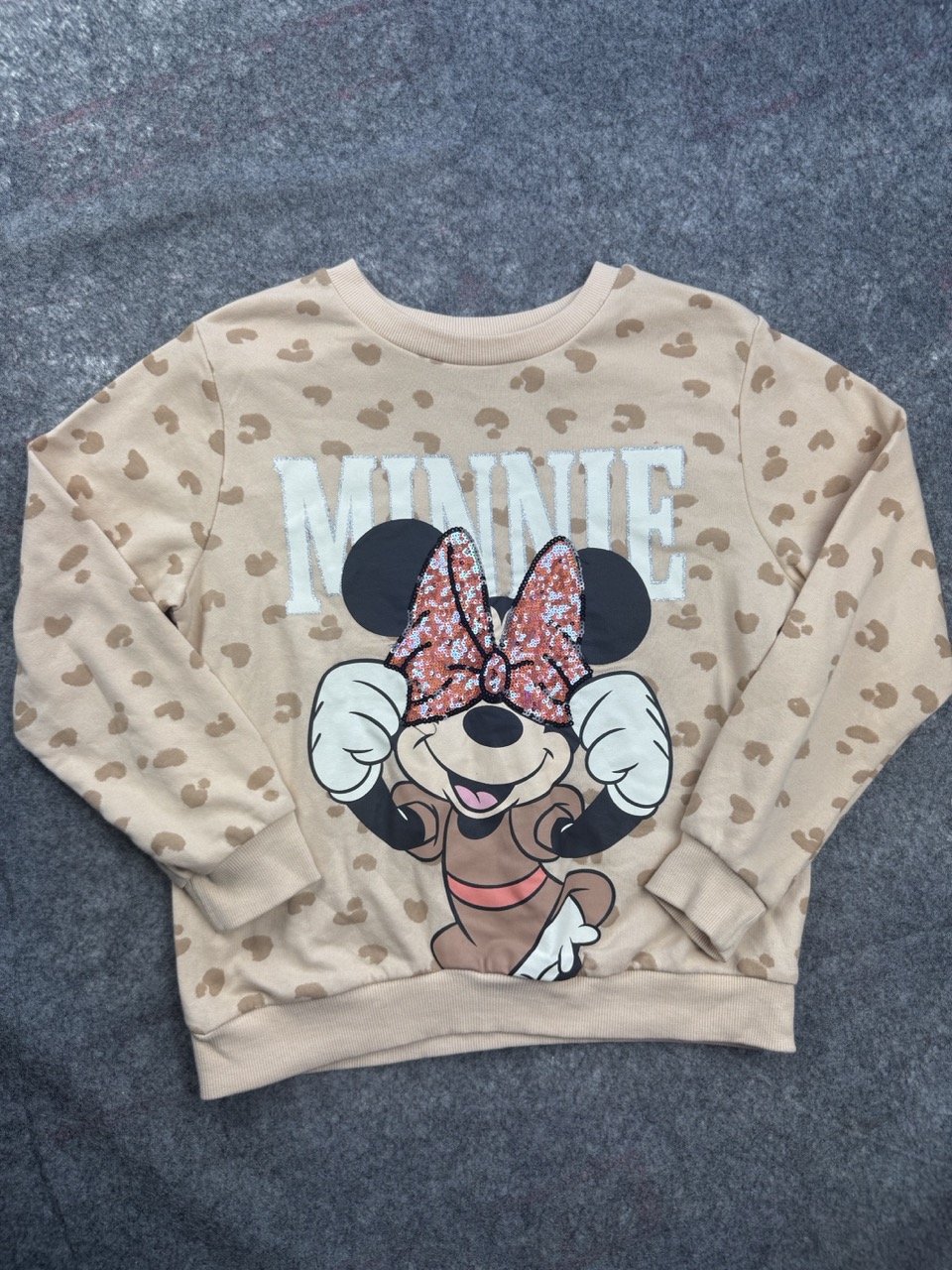 H&M x Disney Beige Leopard Minnie Sequin Bow Sweatshirt UK 8-10Y