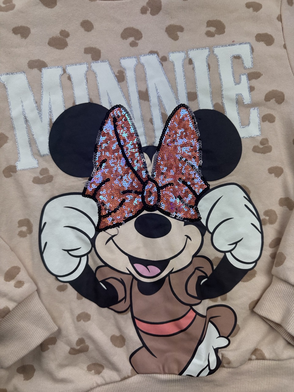 H&M x Disney Beige Leopard Minnie Sequin Bow Sweatshirt UK 8-10Y image 2