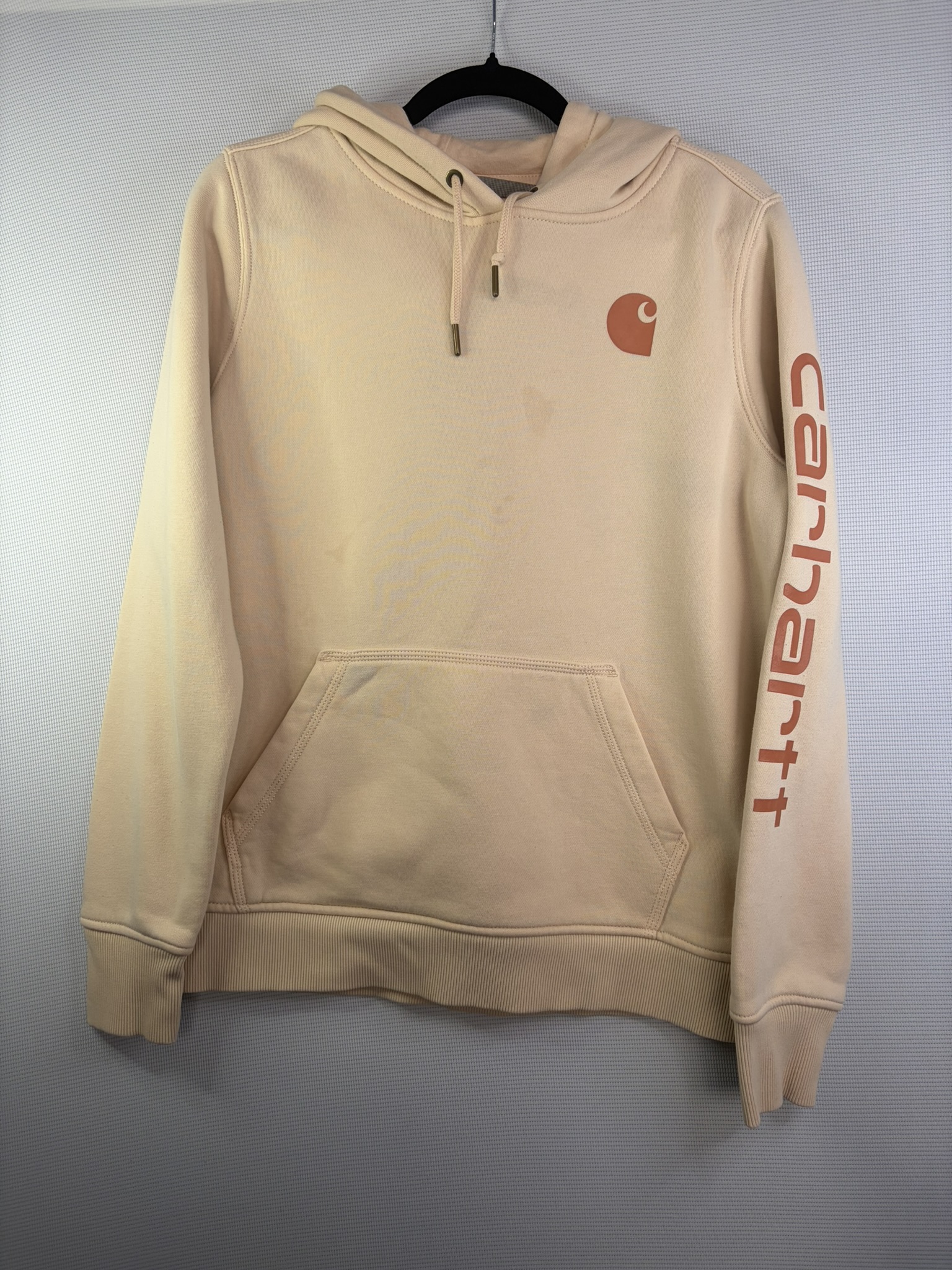 Carhartt Beige Hoodie Medium Relaxed Fit Logo Print