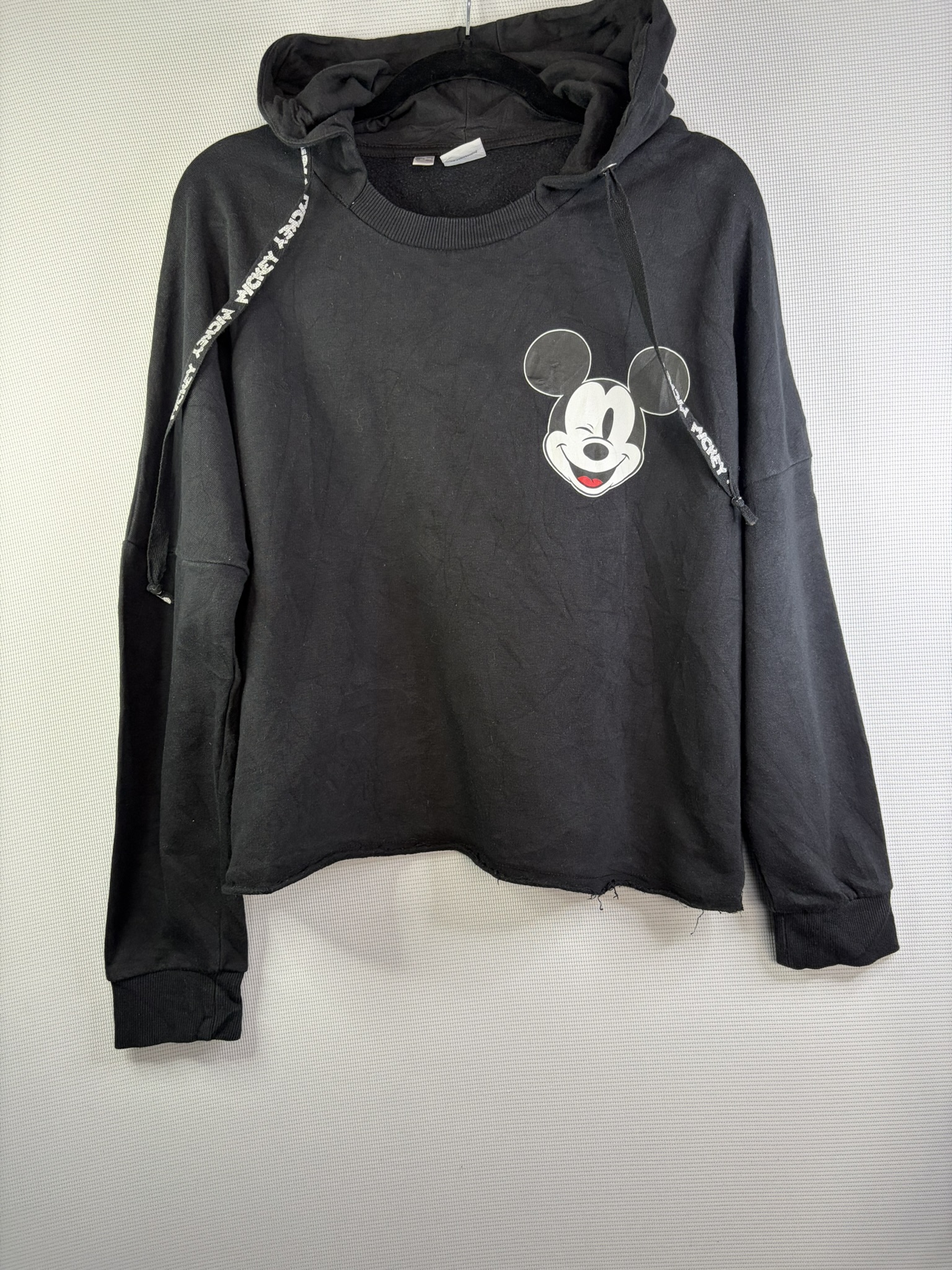 Disney Black Mickey Mouse Hoodie Medium Distressed Hem