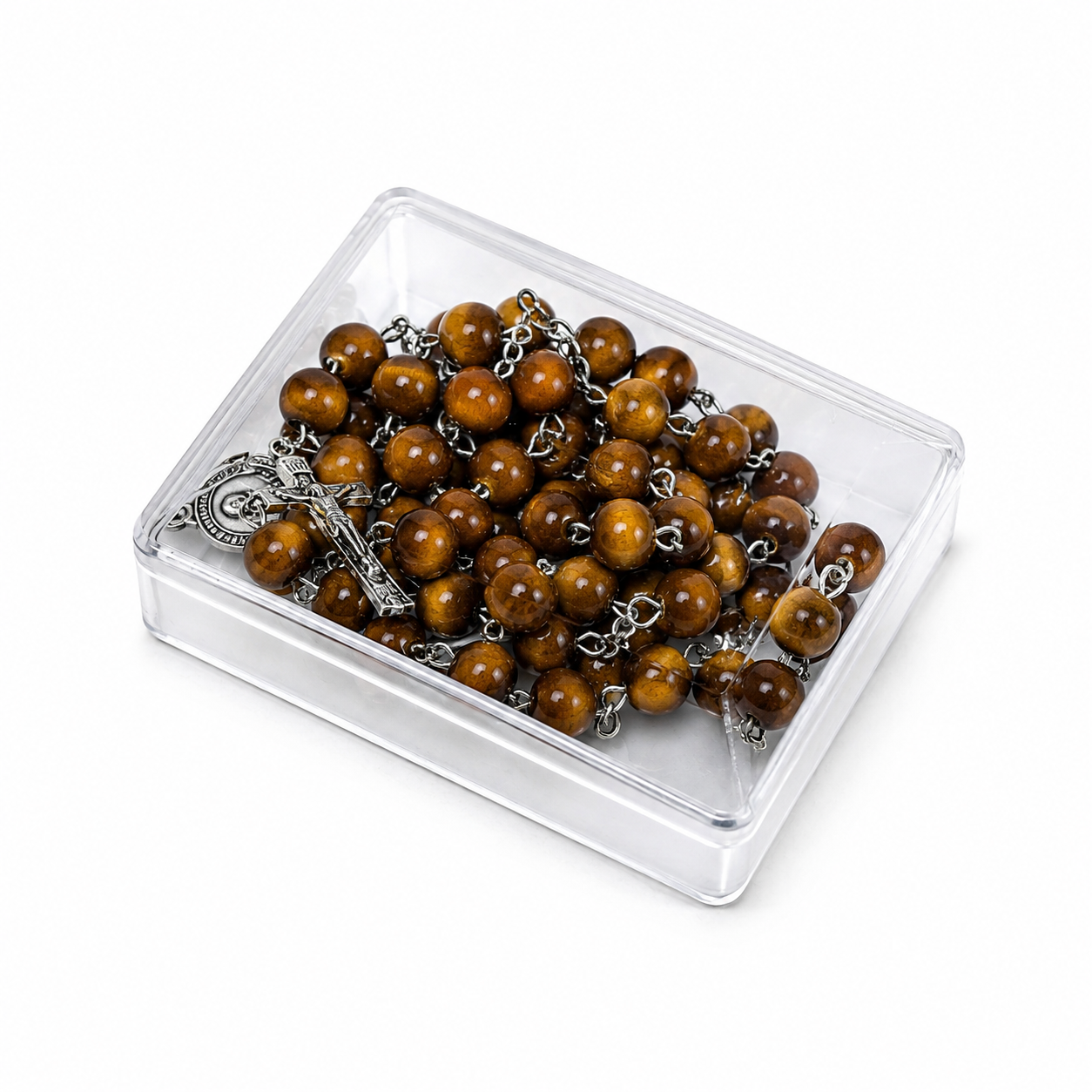Wooden Bead Rosary Necklace Brown with Silver Crucifix