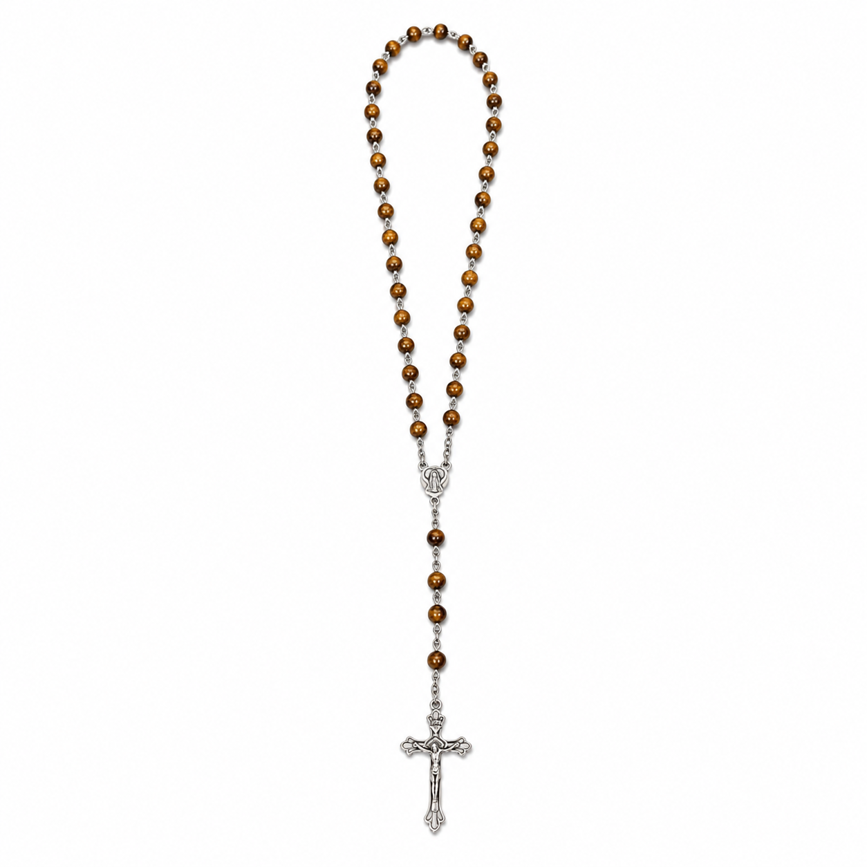 Wooden Bead Rosary Necklace Brown with Silver Crucifix image 2
