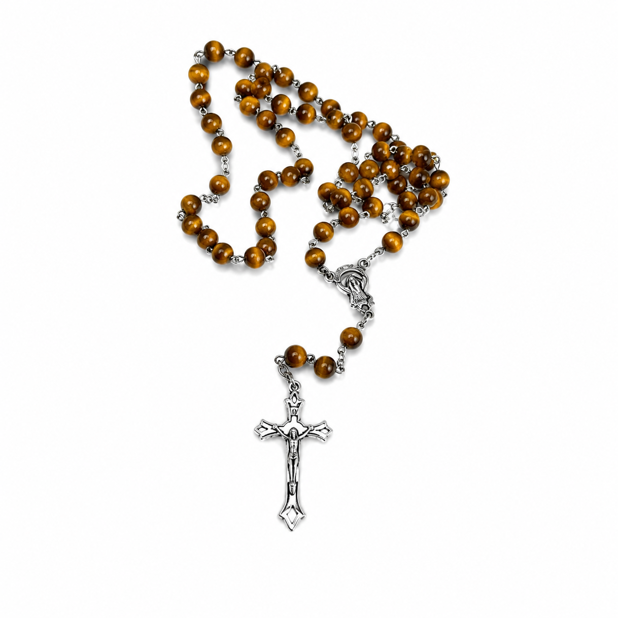 Wooden Bead Rosary Necklace Brown with Silver Crucifix image 3