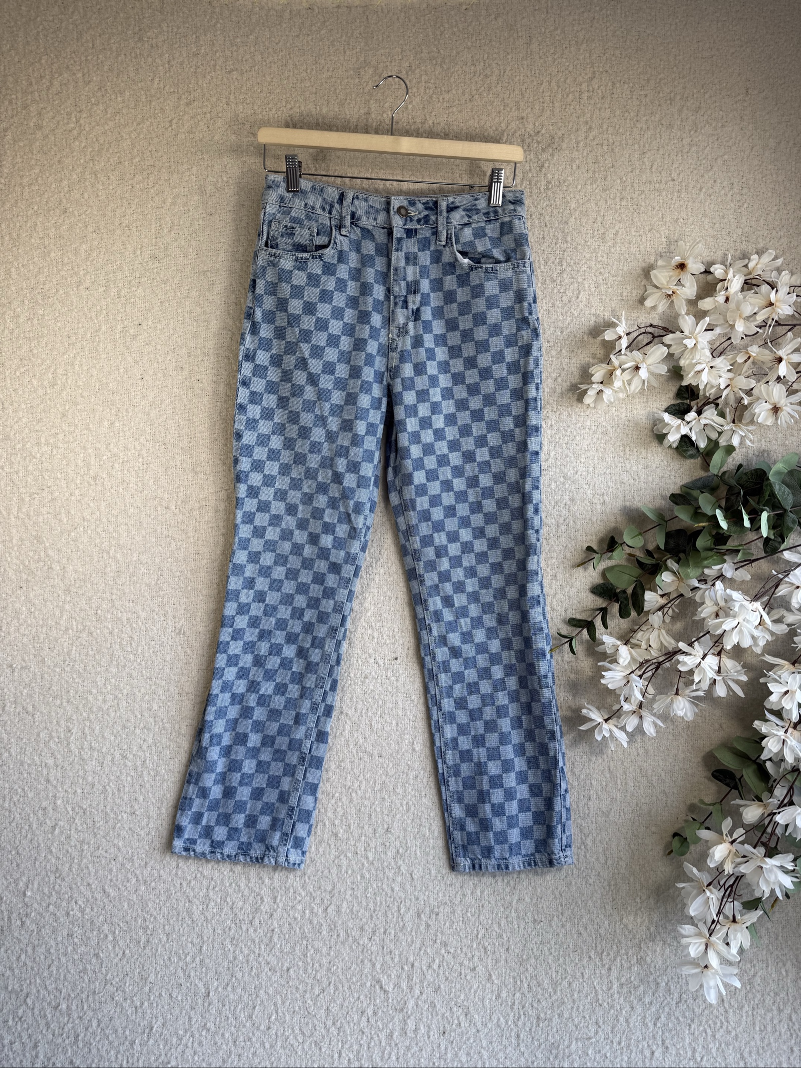 STR Blue Checkered Denim Mom Jeans UK 8 Vintage Style