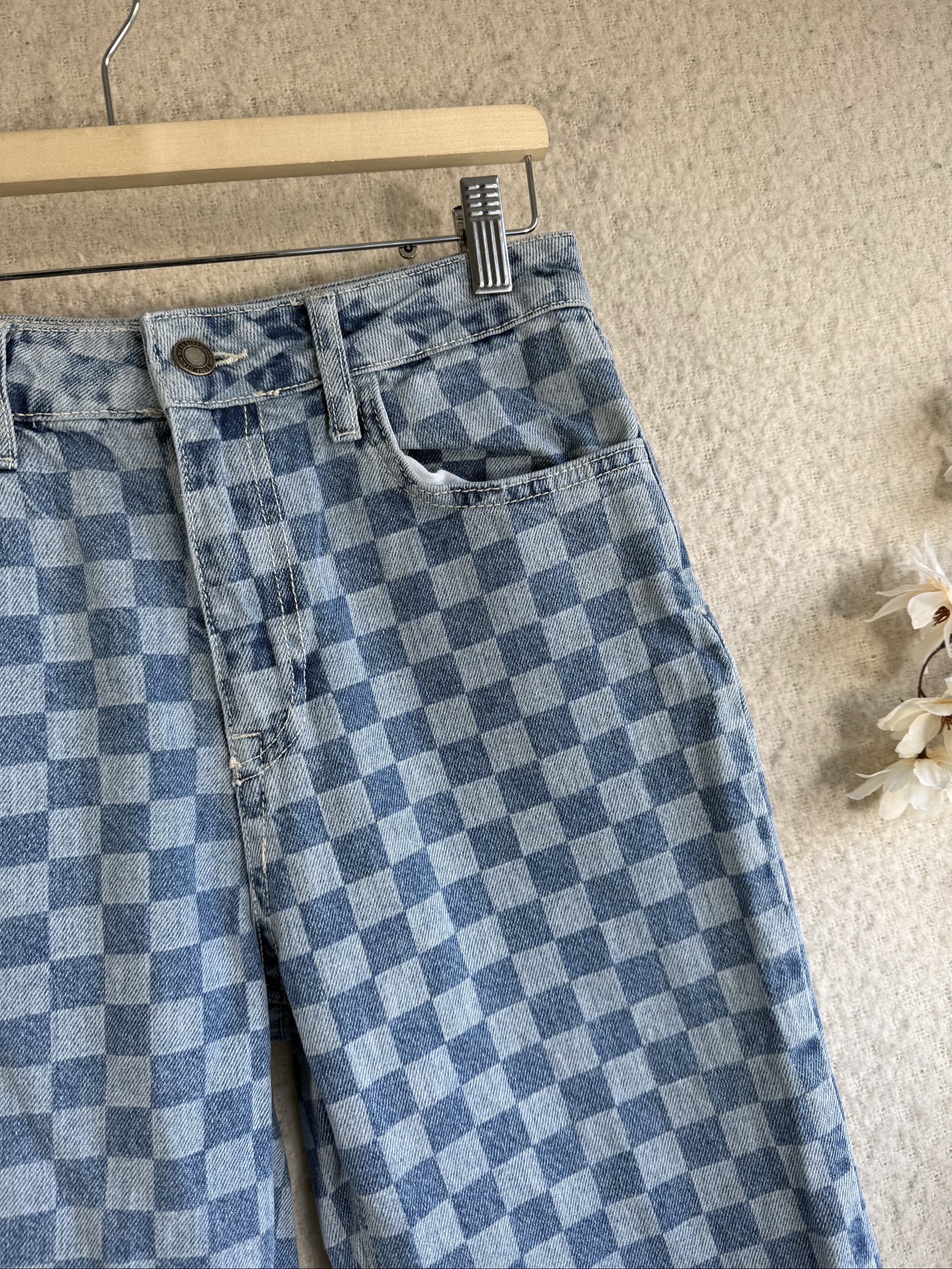 STR Blue Checkered Denim Mom Jeans UK 8 Vintage Style image 2