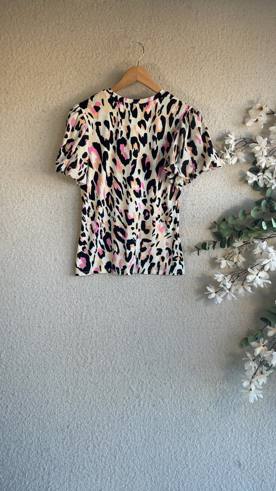 Let Vous Pink & Beige Leopard Print Puff Sleeve Top UK 16 Casual Chic image 4