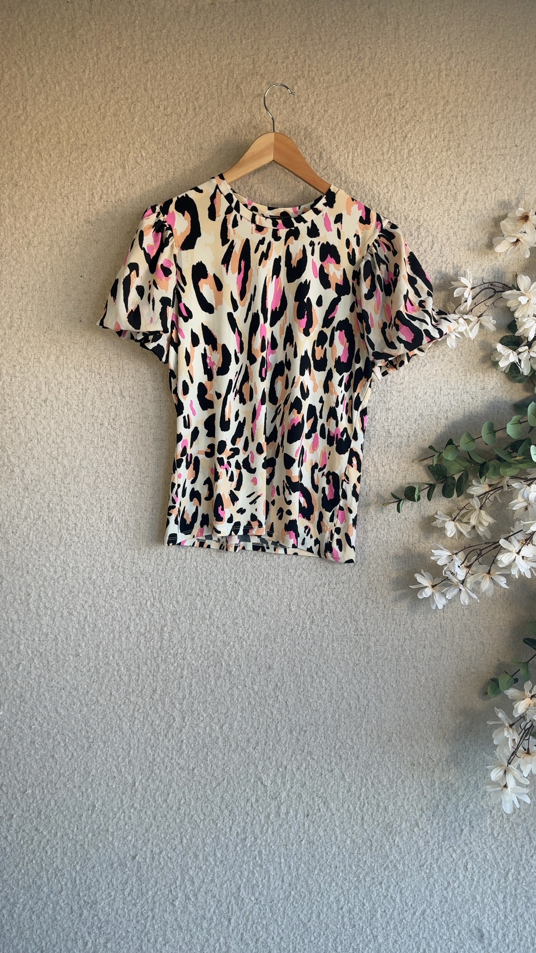 Let Vous Pink & Beige Leopard Print Puff Sleeve Top UK 16 Casual Chic