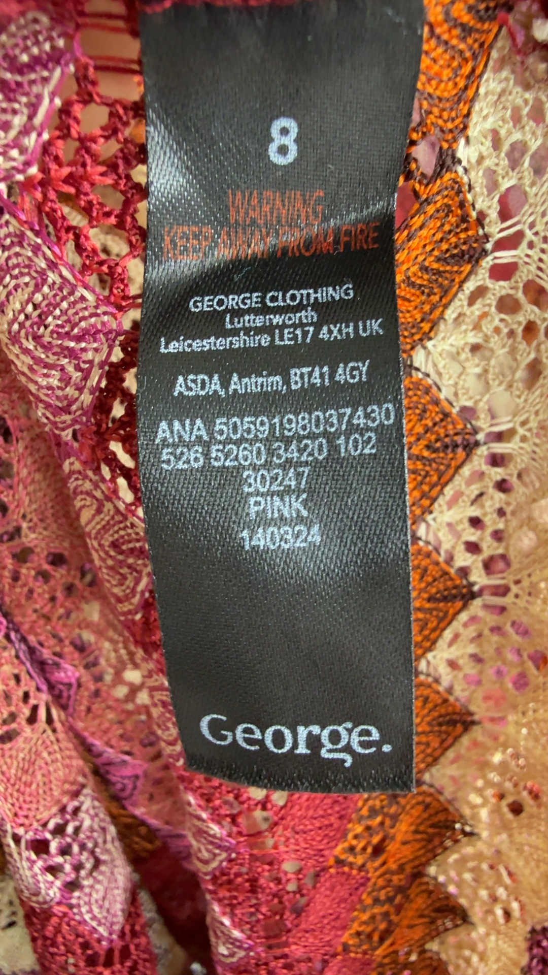 George Pink Multi Crochet Knit Dress UK 8 Summer Casual Sleeveless Midi image 3