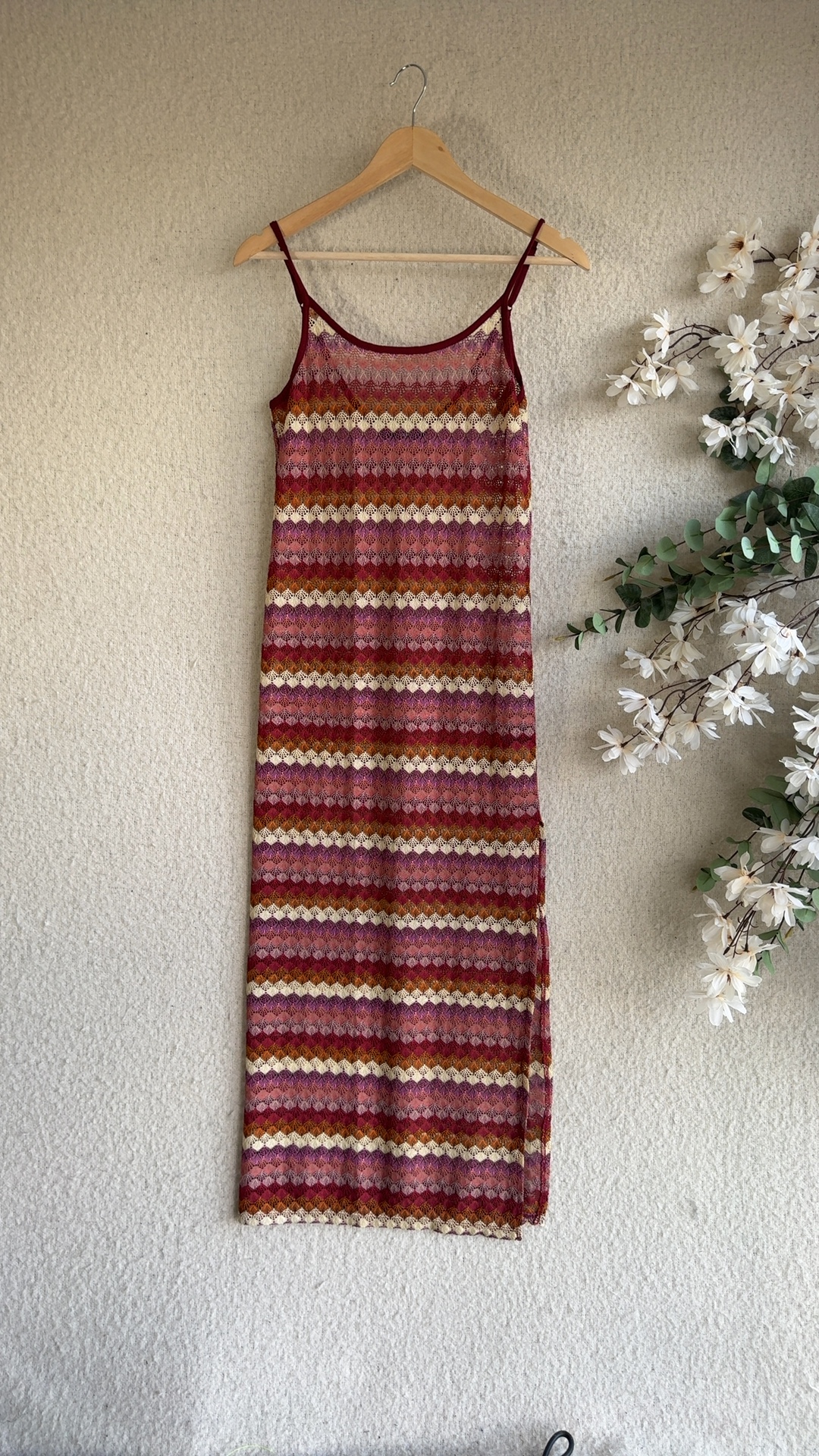 George Pink Multi Crochet Knit Dress UK 8 Summer Casual Sleeveless Midi