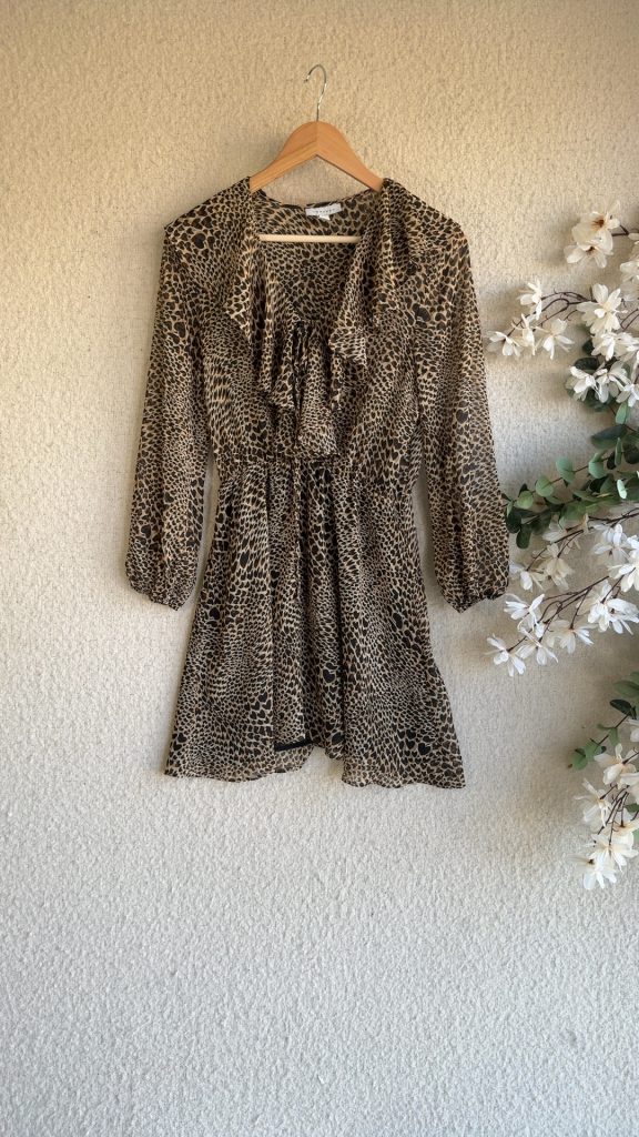 Topshop Tan Brown Animal Print Dress UK 8 Long Sleeve Elastic Waist