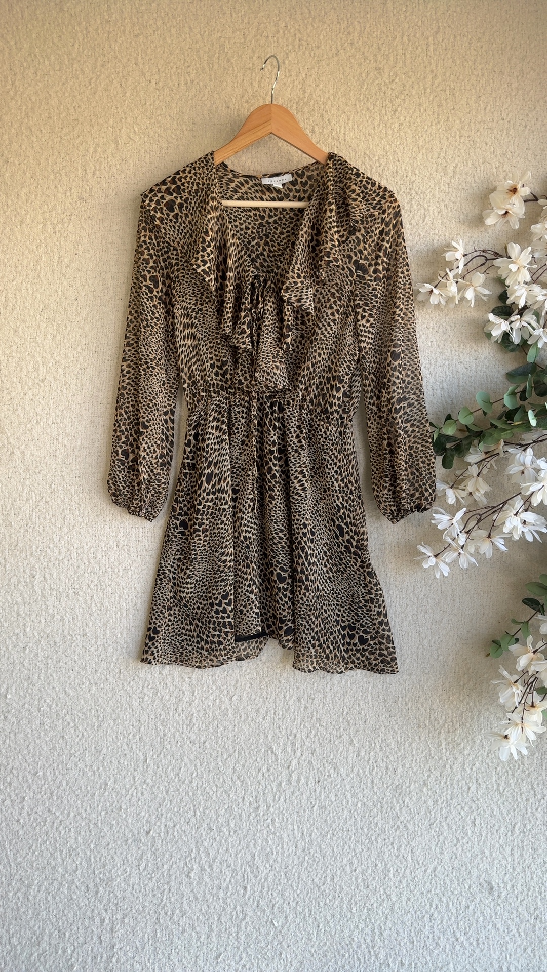 Topshop Tan Brown Animal Print Dress UK 8 Long Sleeve Elastic Waist