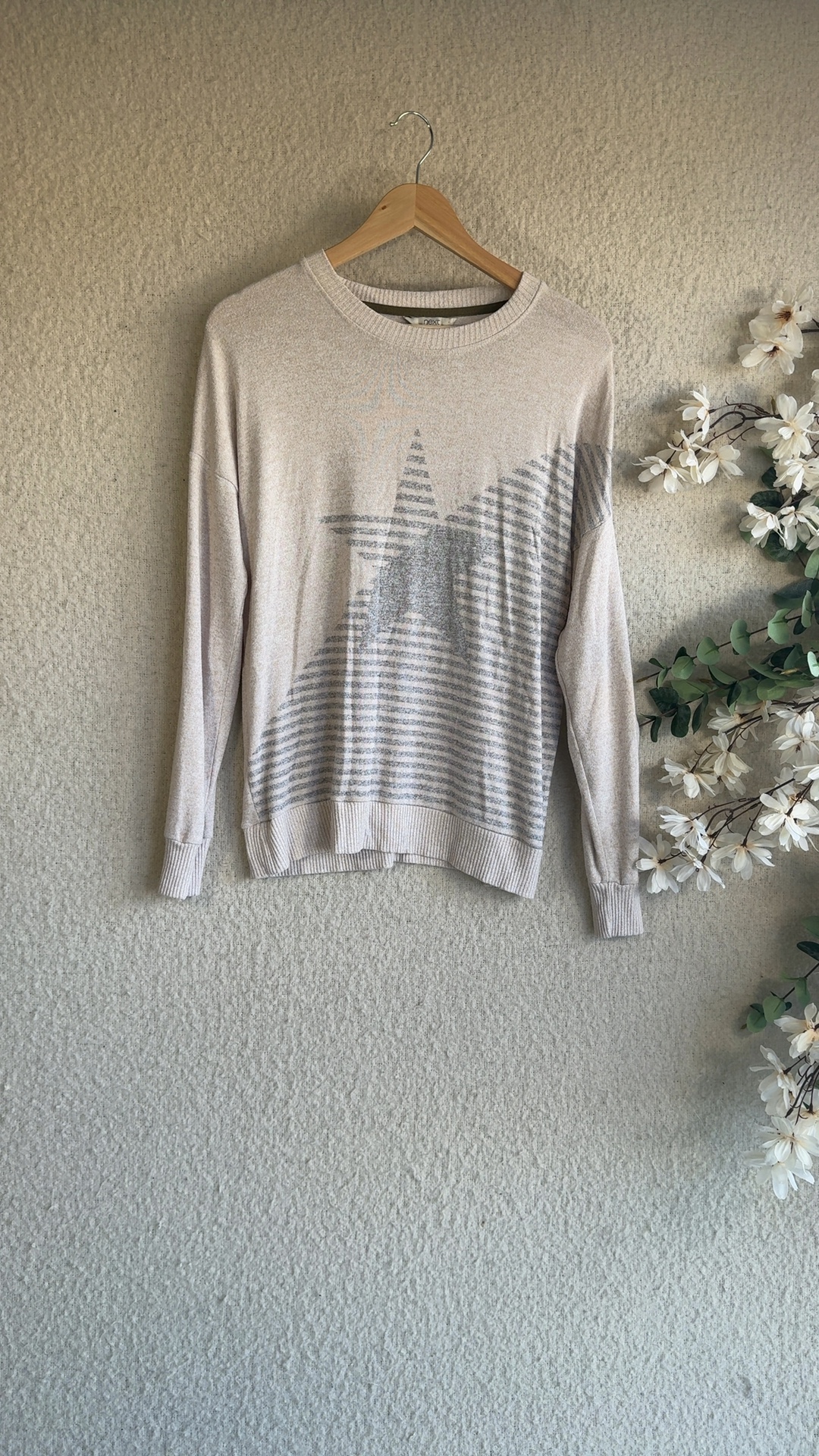 Next Beige Grey Star Pattern Jumper UK 14 Lightweight Cozy Knitwear