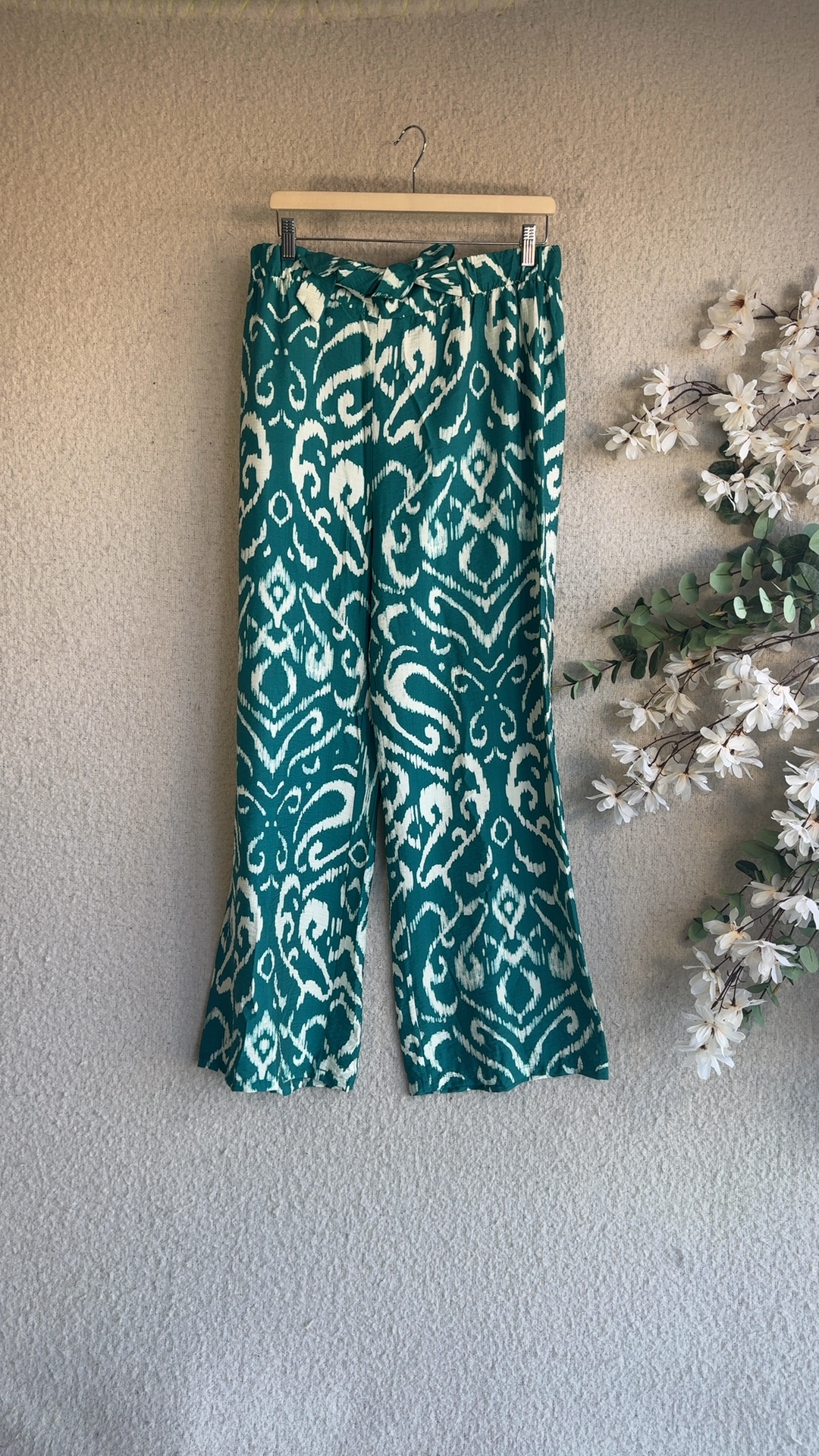 Primark Large Green & White Printed Wide Leg Trousers Large Comfortable Summer Fit