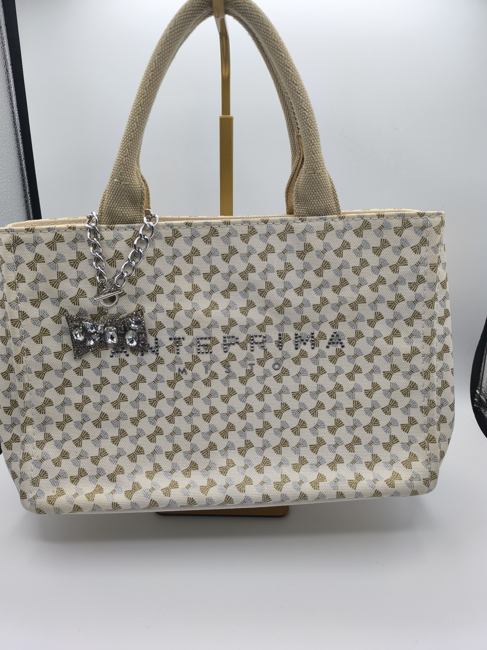 Anteprima Beige & White Canvas Tote Bag with Crystal Bow Charm Other Size
