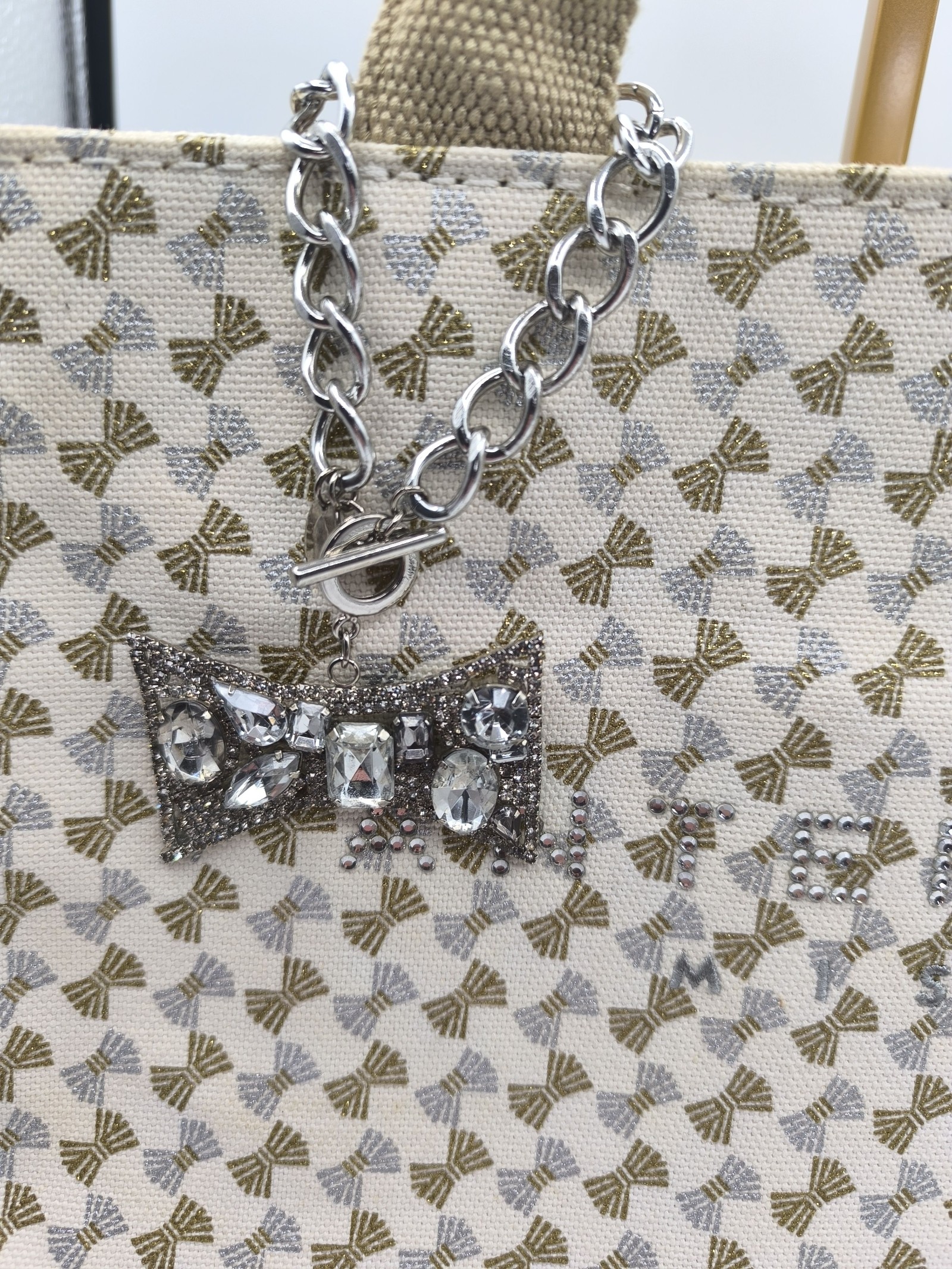 Anteprima Beige & White Canvas Tote Bag with Crystal Bow Charm Other Size image 2
