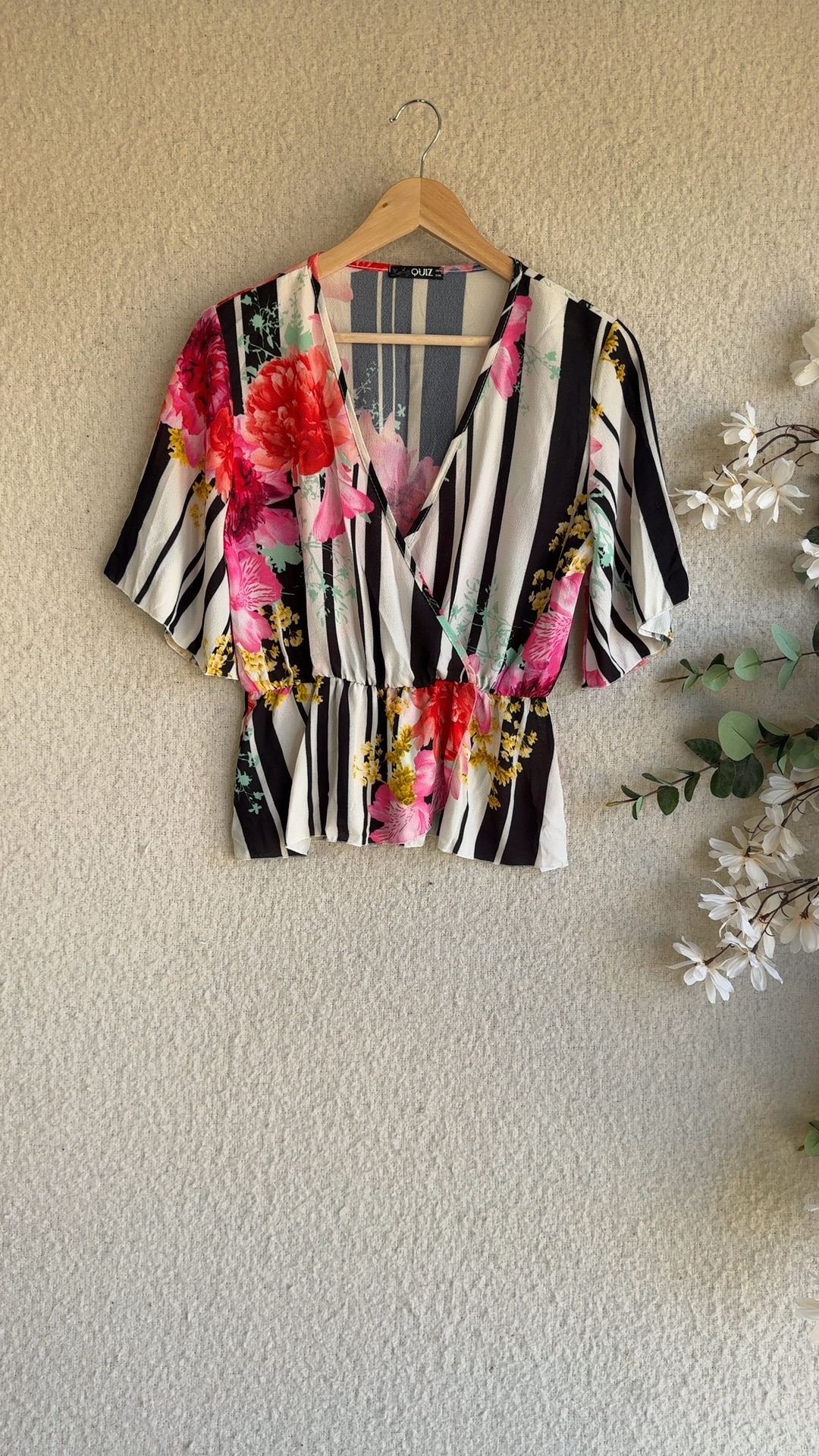 Quiz Floral & Stripe Wrap Top UK 12 Women Lightweight Elegant Summer Blouse