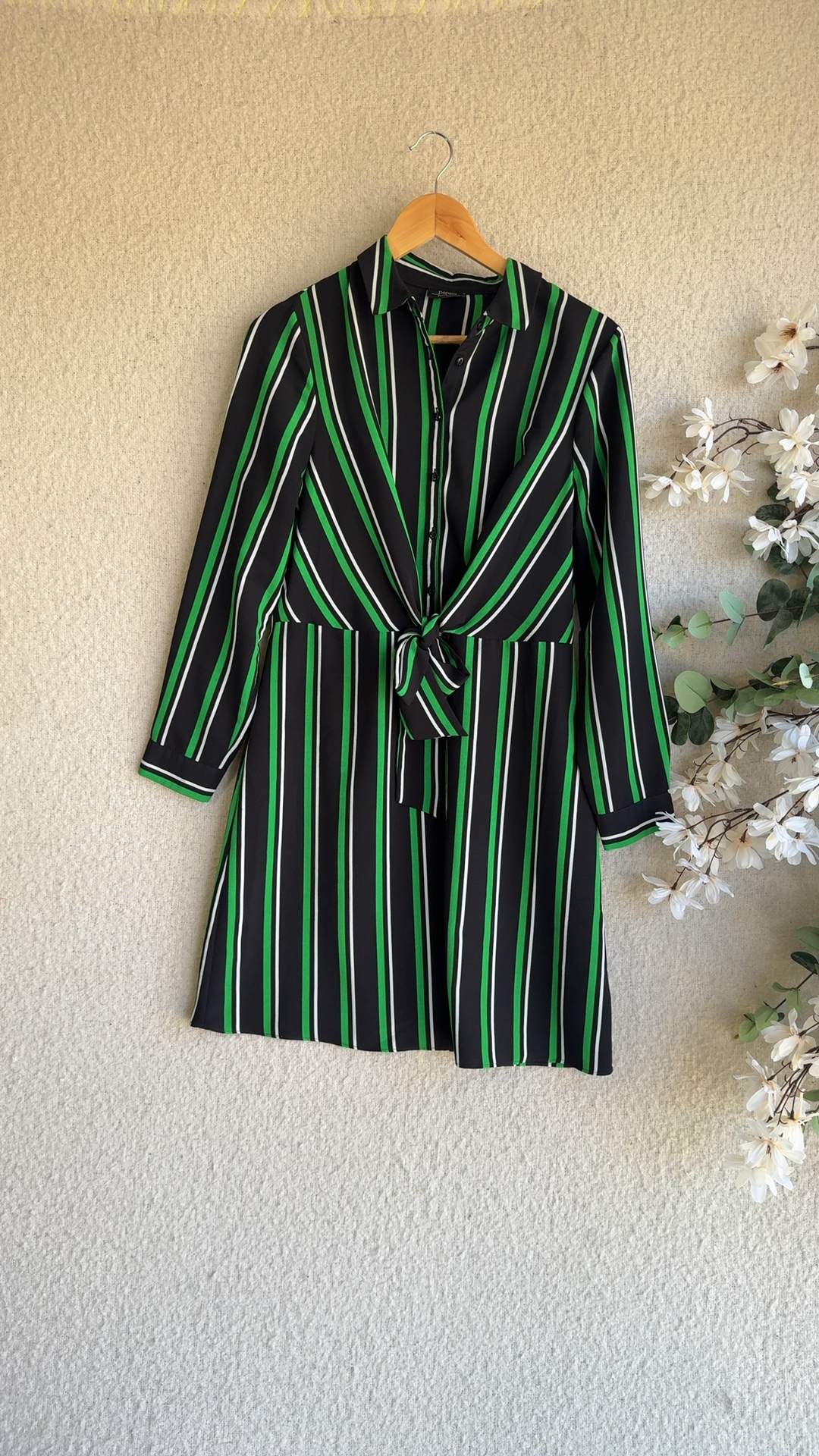 Papaya Green & White Stripe Long Sleeve Shirt Dress UK 12 Casual Chic