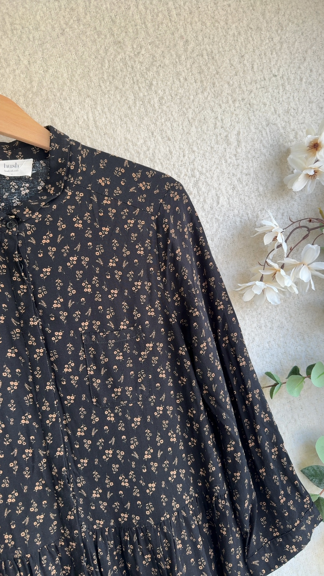 Hush Black & Beige Floral Print Shirt Dress UK Medium Long Sleeve Casual image 3