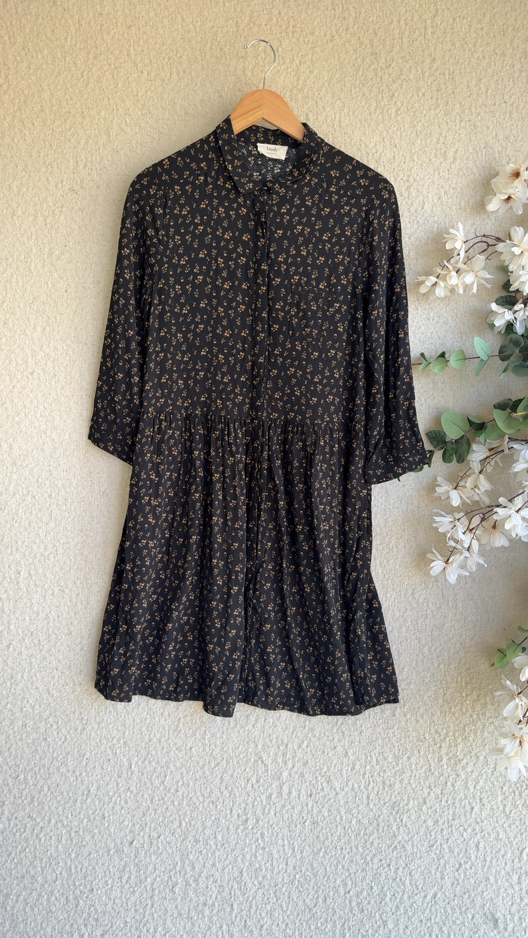 Hush Black & Beige Floral Print Shirt Dress UK Medium Long Sleeve Casual