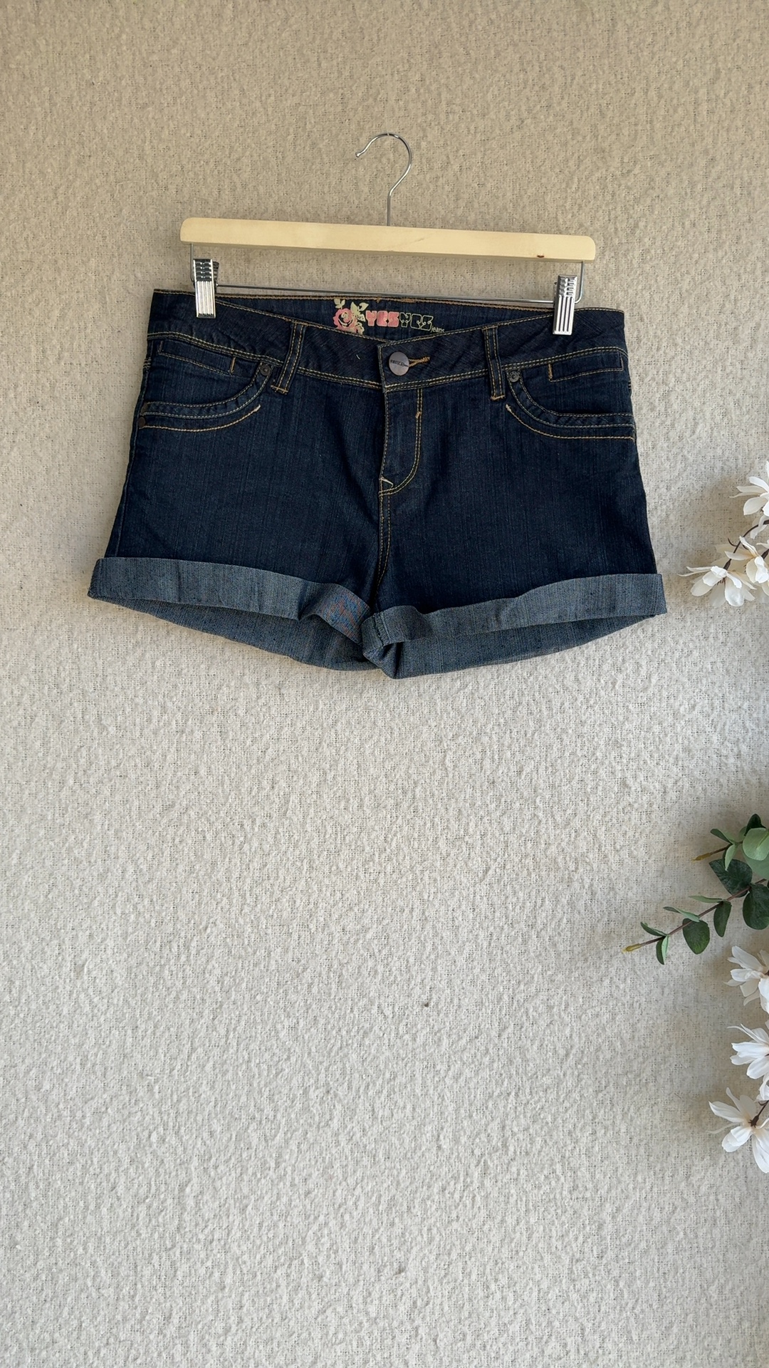Yes Yes Denim Blue Dark Wash Denim Shorts UK 12 Cuffed Casual Summer