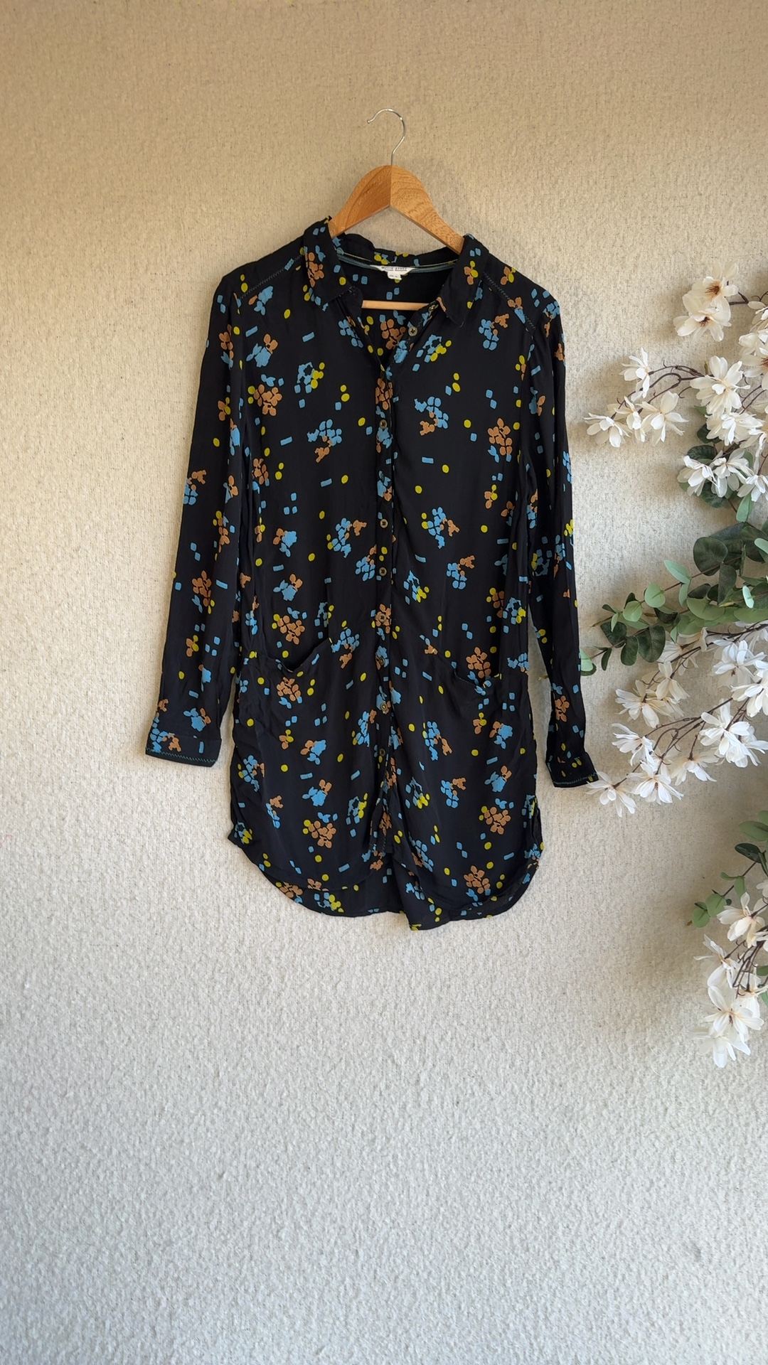 White Stuff Black Floral Button Up Shirt Dress UK 12 Stylish Lightweight