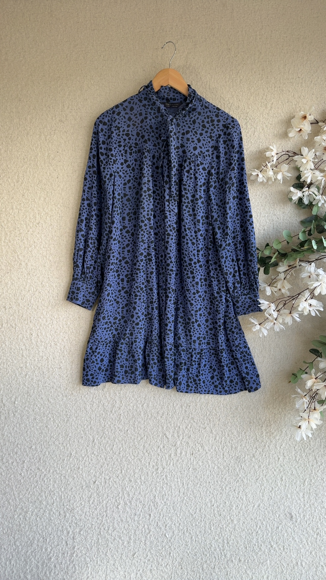 M&S Collection Blue & Black Printed Shirt Dress UK 14 Regular Stylish Detail