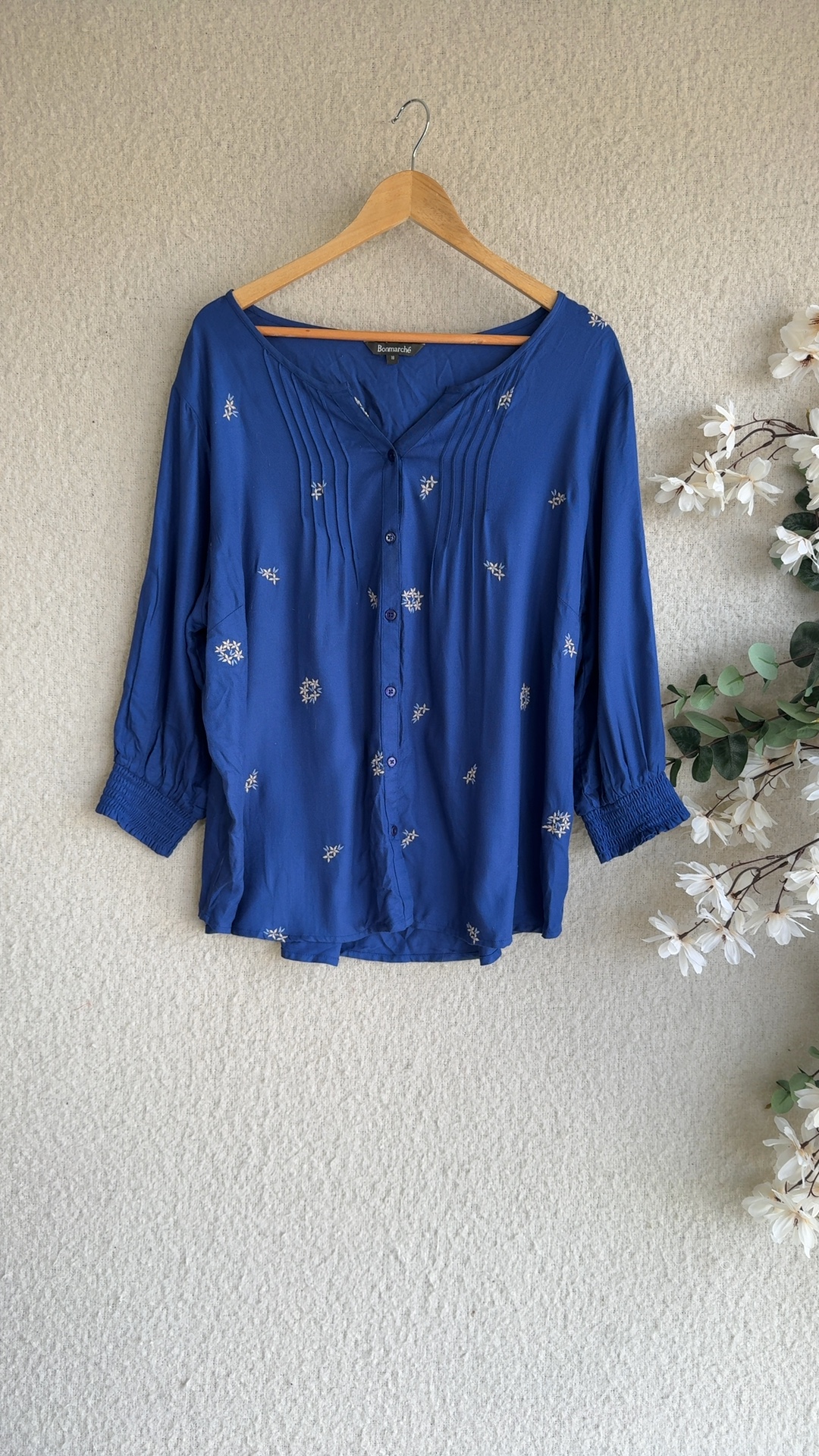 Bonmarché Blue Embroidered Viscose Blouse UK 18 Button Detail