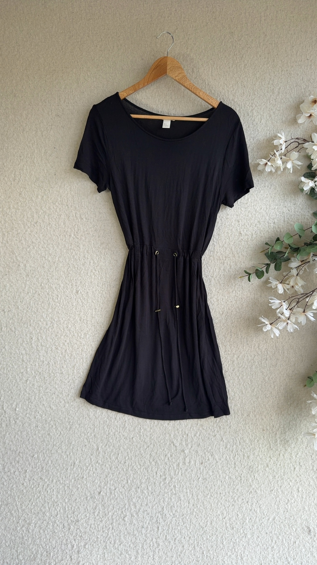 H&M Black Jersey Short Sleeve Drawstring Waist Dress UK Medium Casual Summer