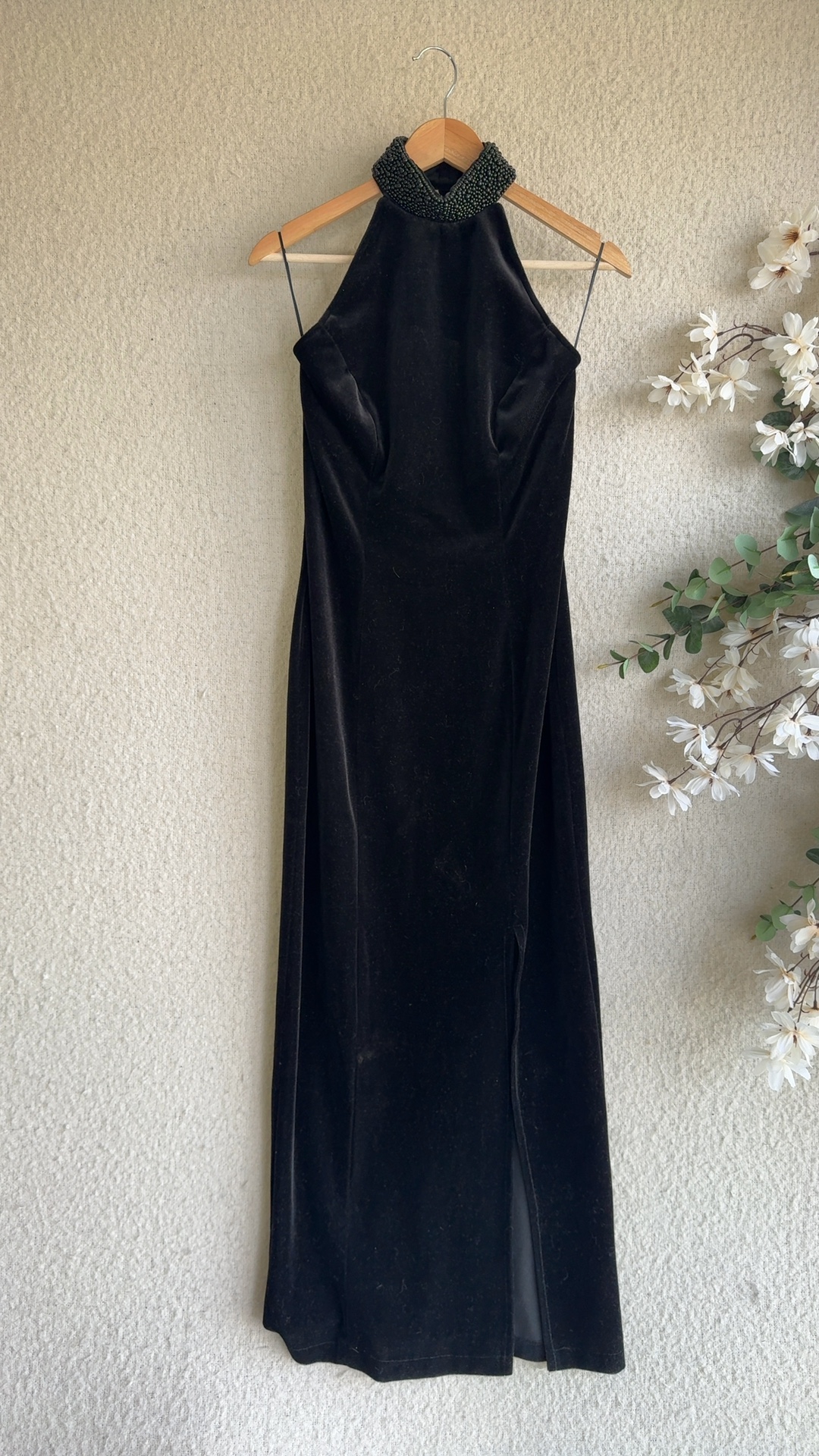 Consortium Black Velvet Maxi Dress UK 14 Embellished Collar Occasion Evening
