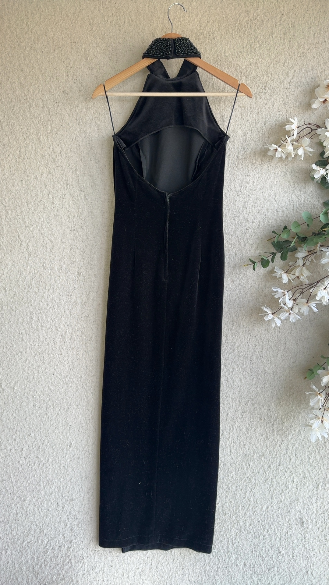 Consortium Black Velvet Maxi Dress UK 14 Embellished Collar Occasion Evening image 4