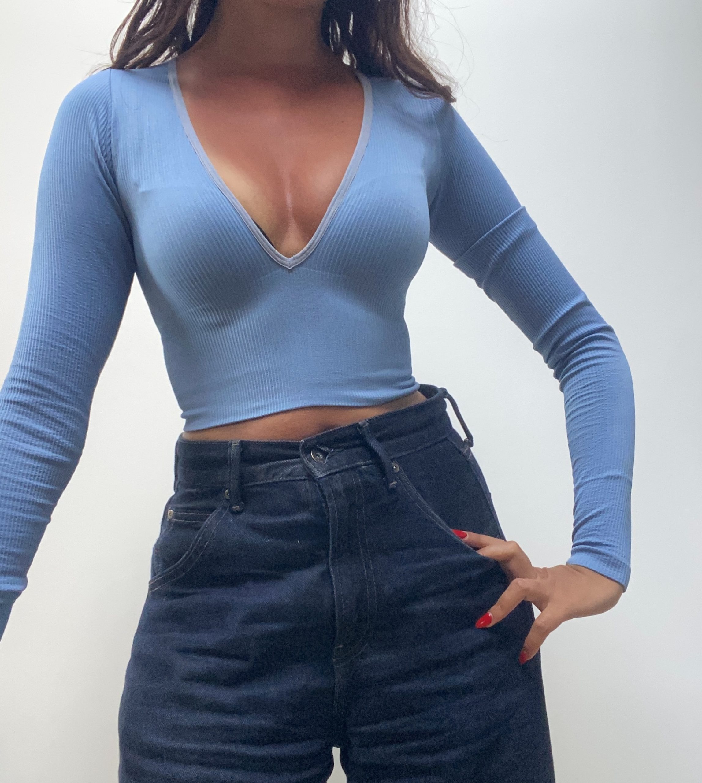 Urban Outfitters Blue Ribbed Crop Top XS Deep V-Neck